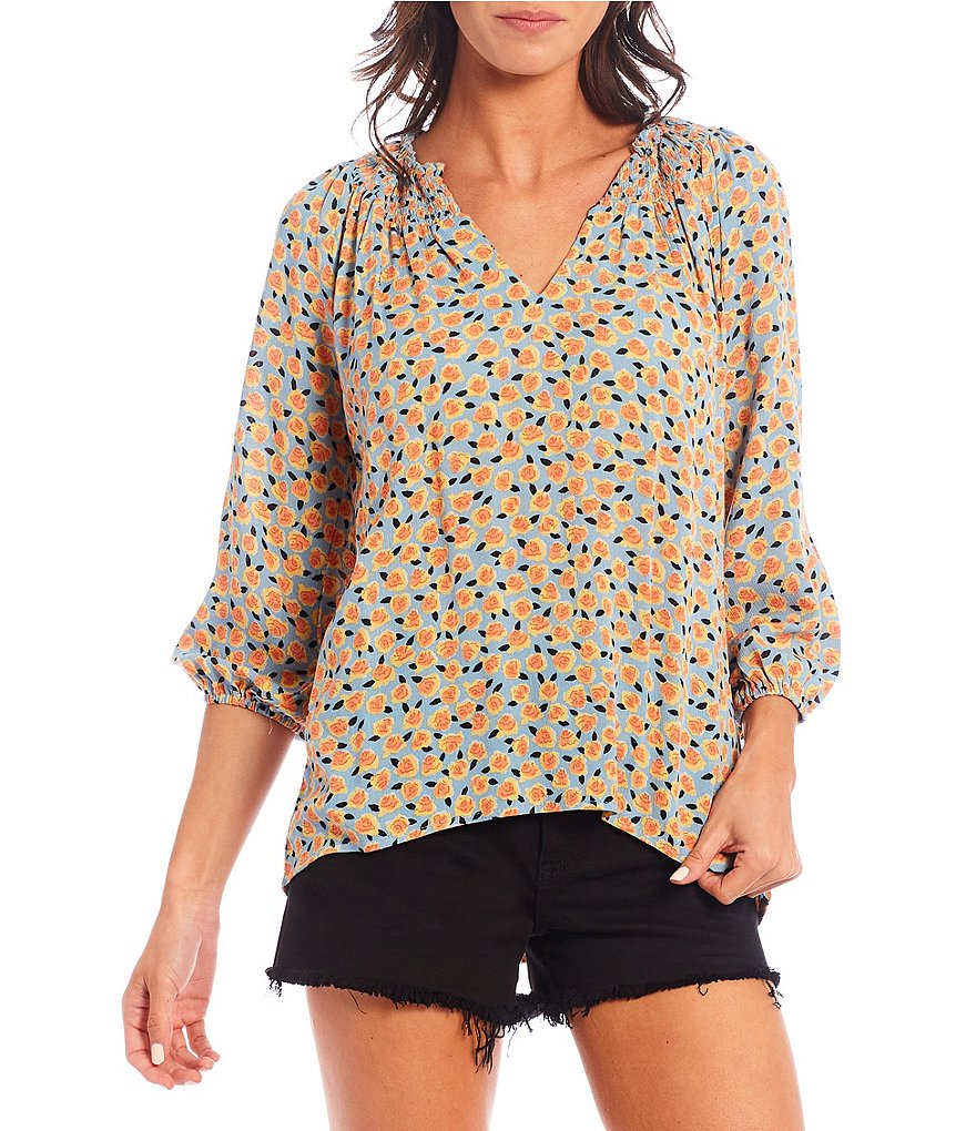 Bobeau Ditsy Print Smocked Notch V-Neck 3/4 Sleeve Top