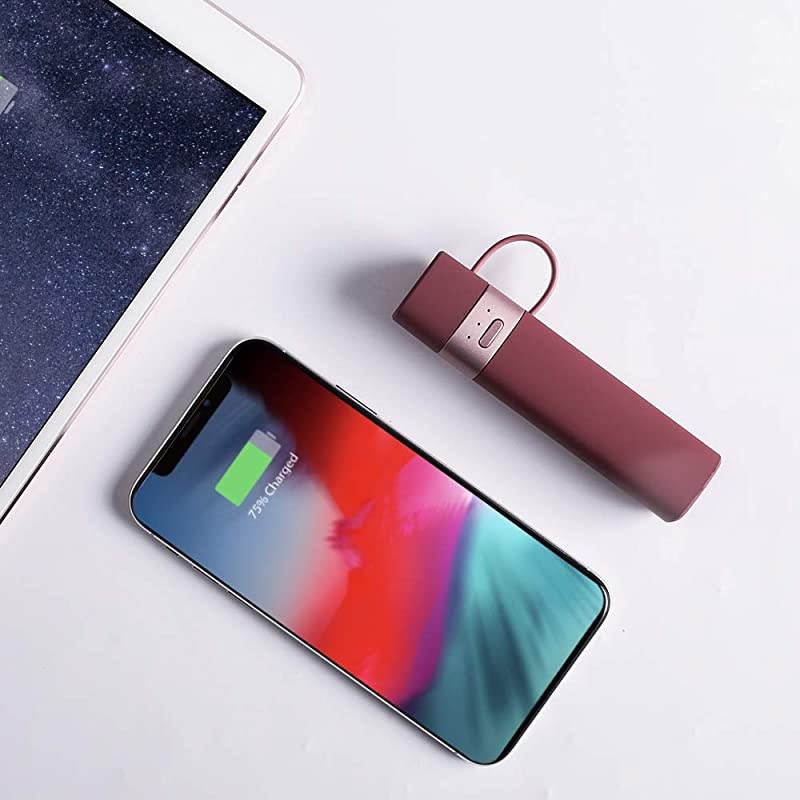Mini 3000mAh Portable Charger Slim Lipstick External Battery Pack Stylish Power Bank with Builtin Apple MFi Certified Lightning Cable for iPhone Airpods iPad Red
