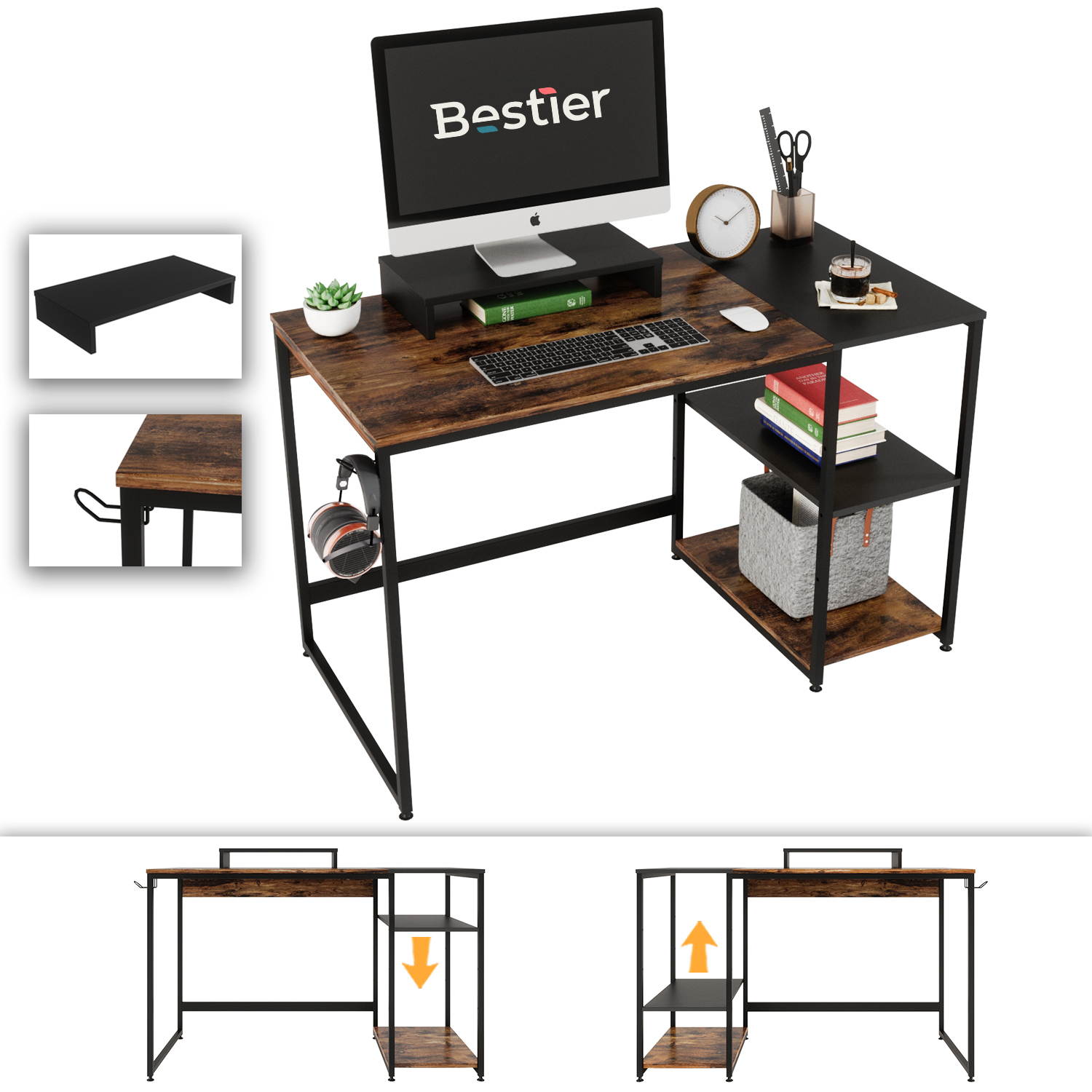 Bestier 55 Inch Home Desks with Monitor Stand & Storage Shelves, Sturdy Rustic Desk, Home Office Laptop Desk, Easy to Assemble, Rustic Brown & Black