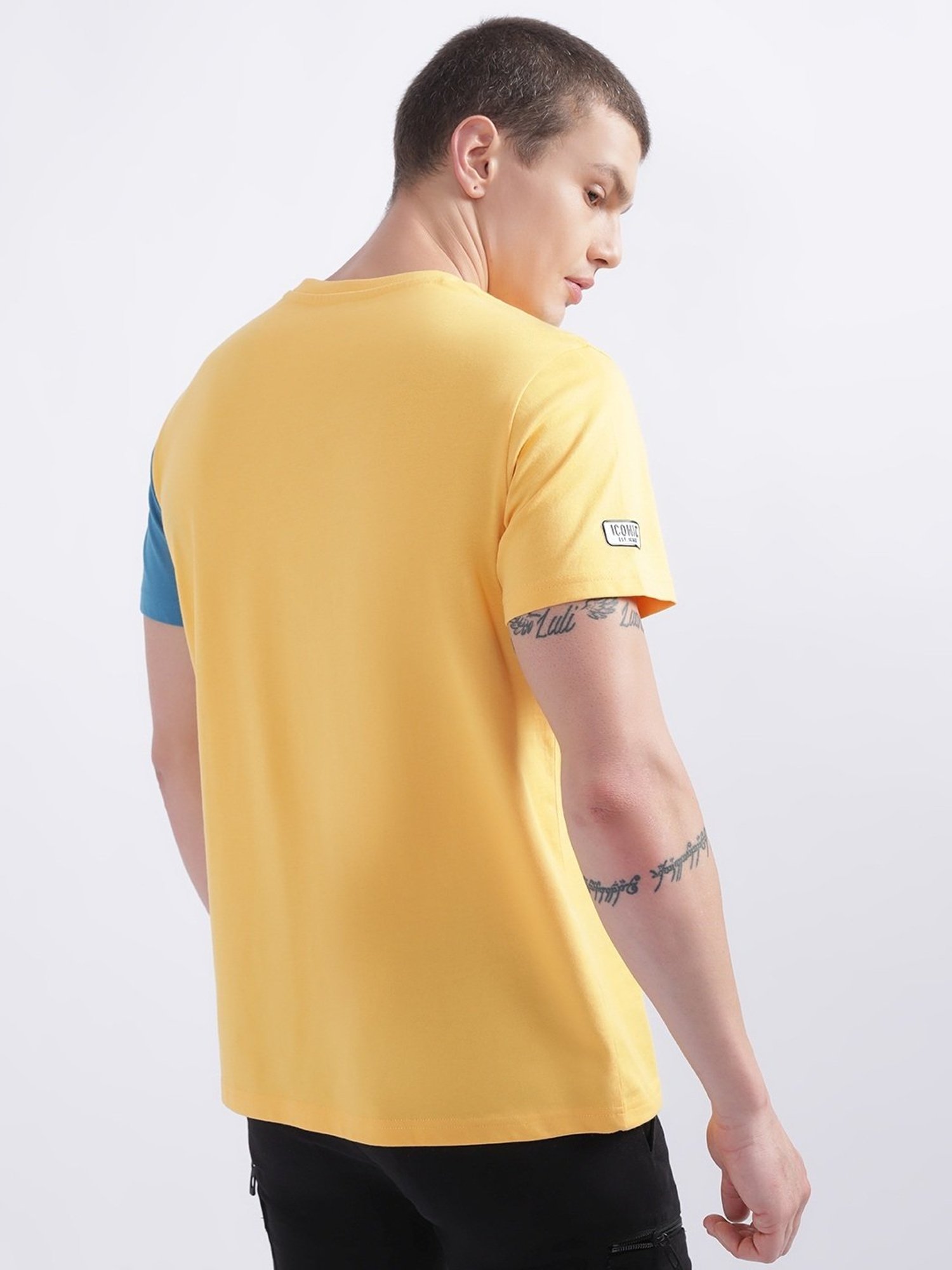 Iconic Yellow Cotton Regular Fit Colour Block T-Shirt