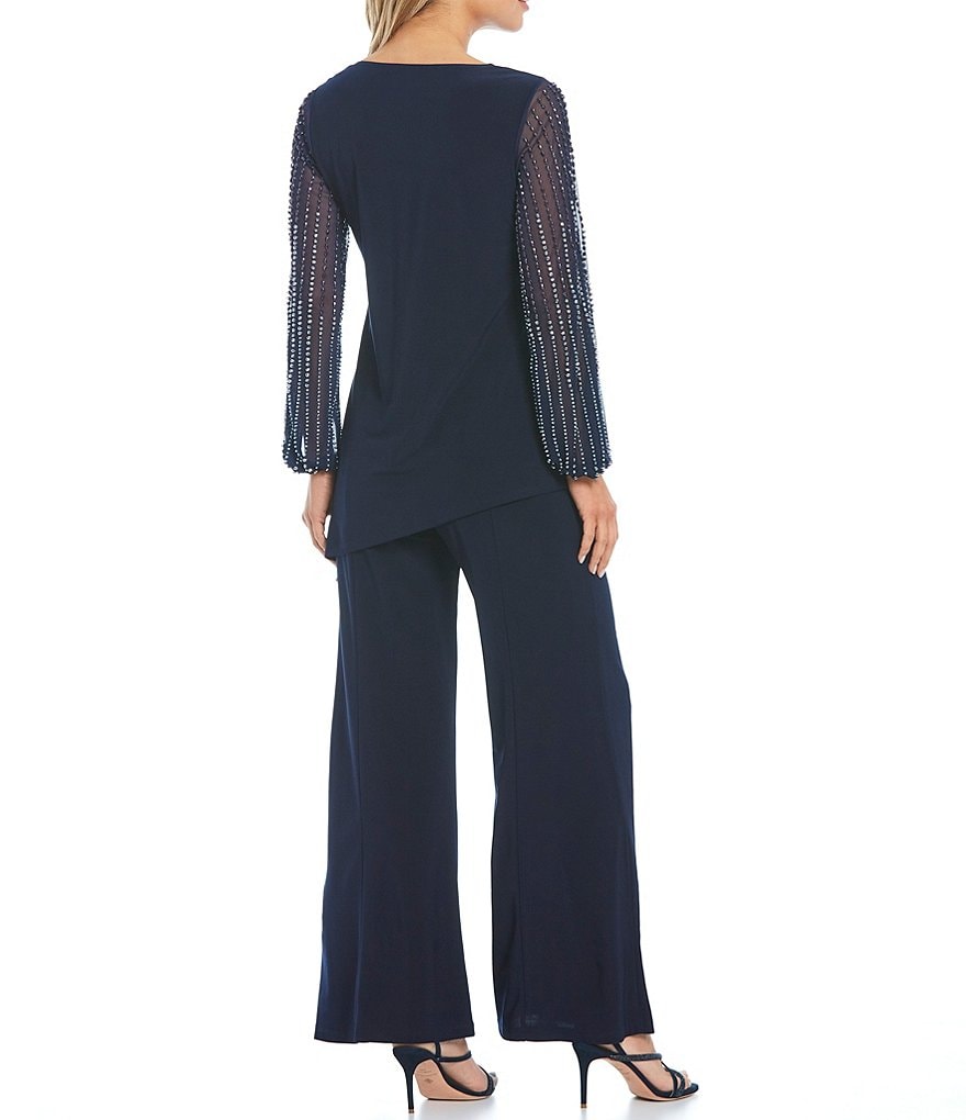 Marina Beaded Long Sleeve Round Neck 2-Piece Pant Set