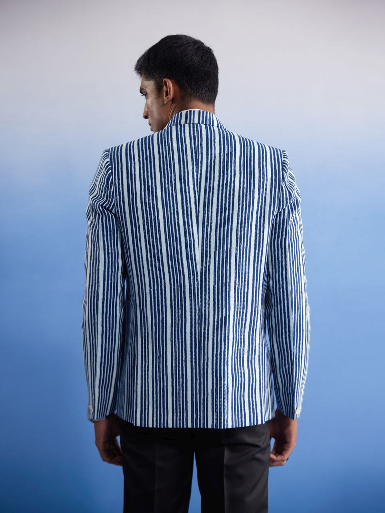 Vastramay Indigo Blue Cotton Regular Fit Striped Blazer