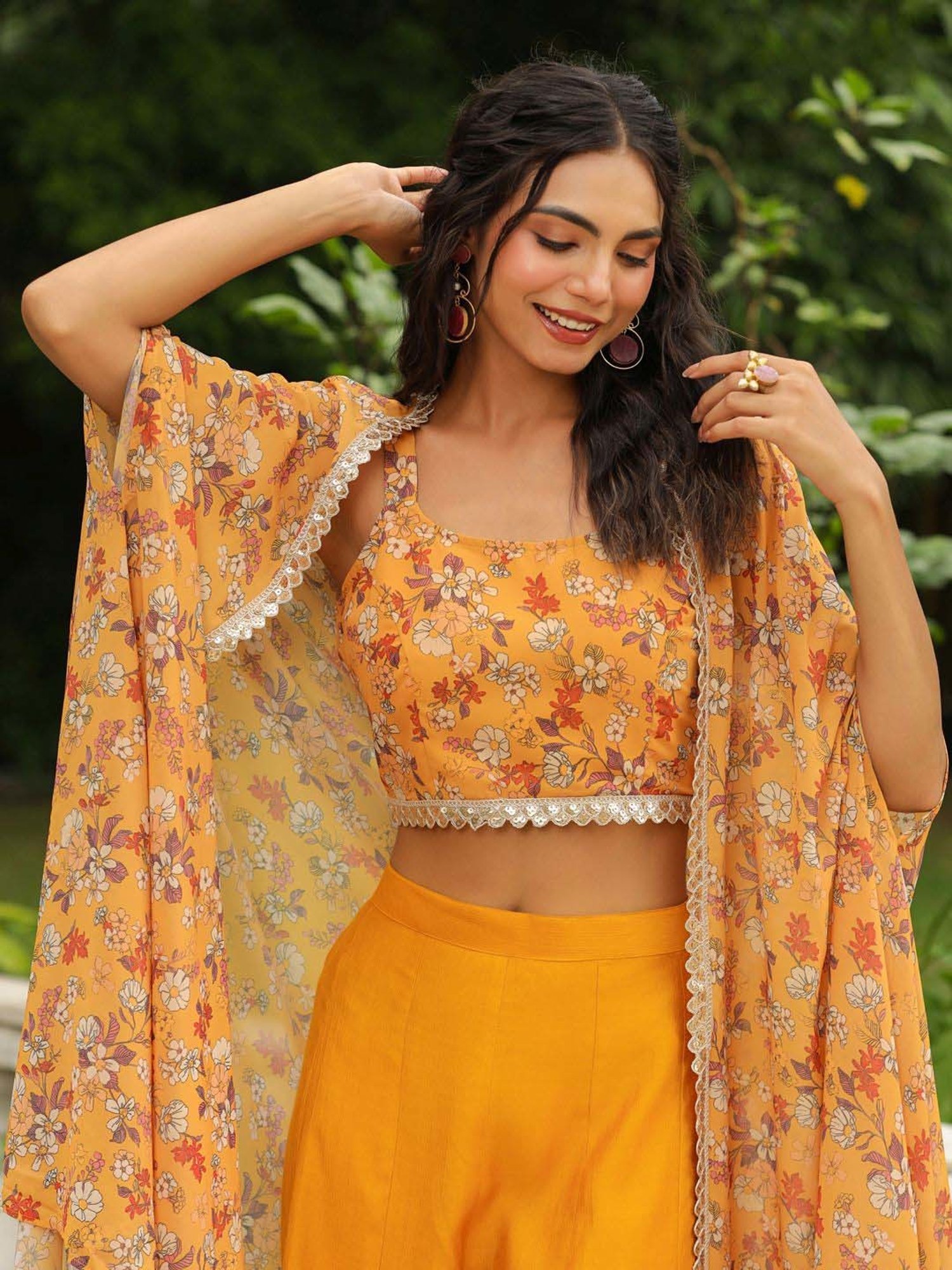Janasya Mustard Printed Crop Top Palazzo Set With Cape