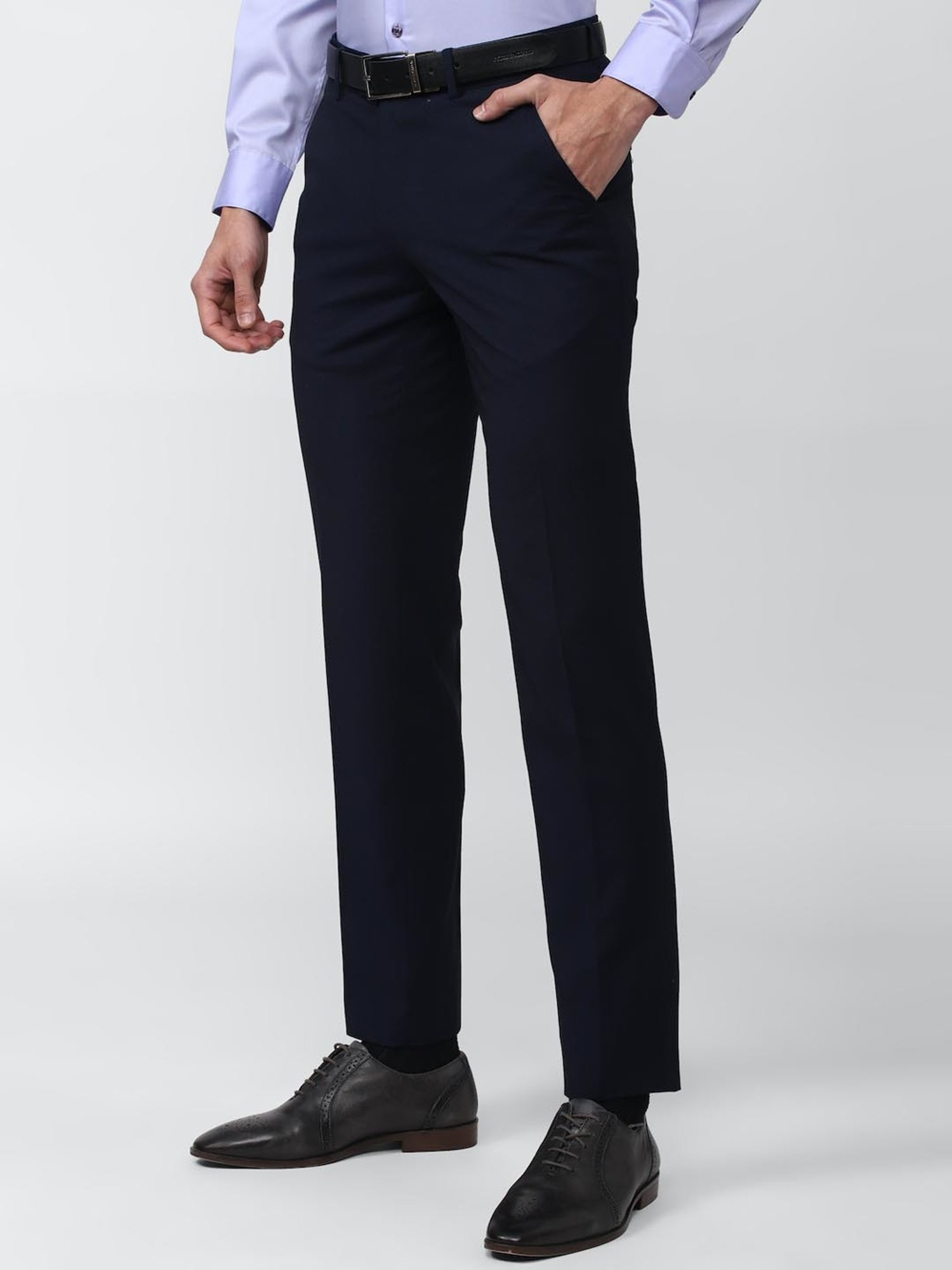 Peter England Elite Navy Slim Fit Self Pattern Trousers