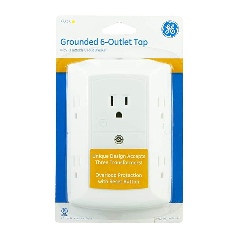 6Outlet Wall Tap Reset Button Circuit Breaker Power Outlet Extender Adapter Spaced Outlets 3 Prong Plug Grounded UL Listed White 56575