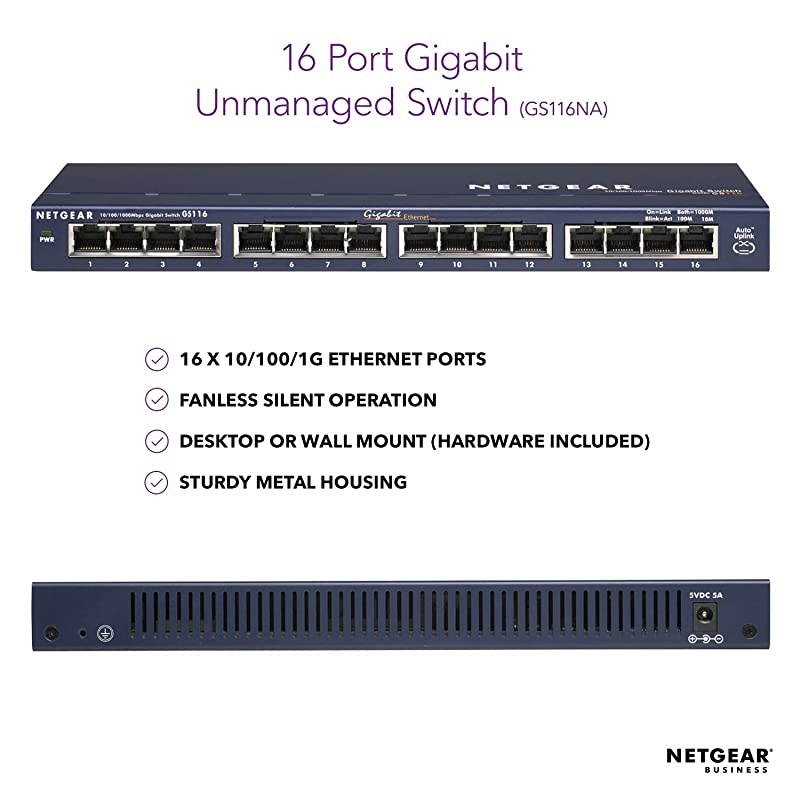 16Port Gigabit Ethernet Unmanaged Switch GS116NA Desktop and ProSAFE Limited Lifetime Protection