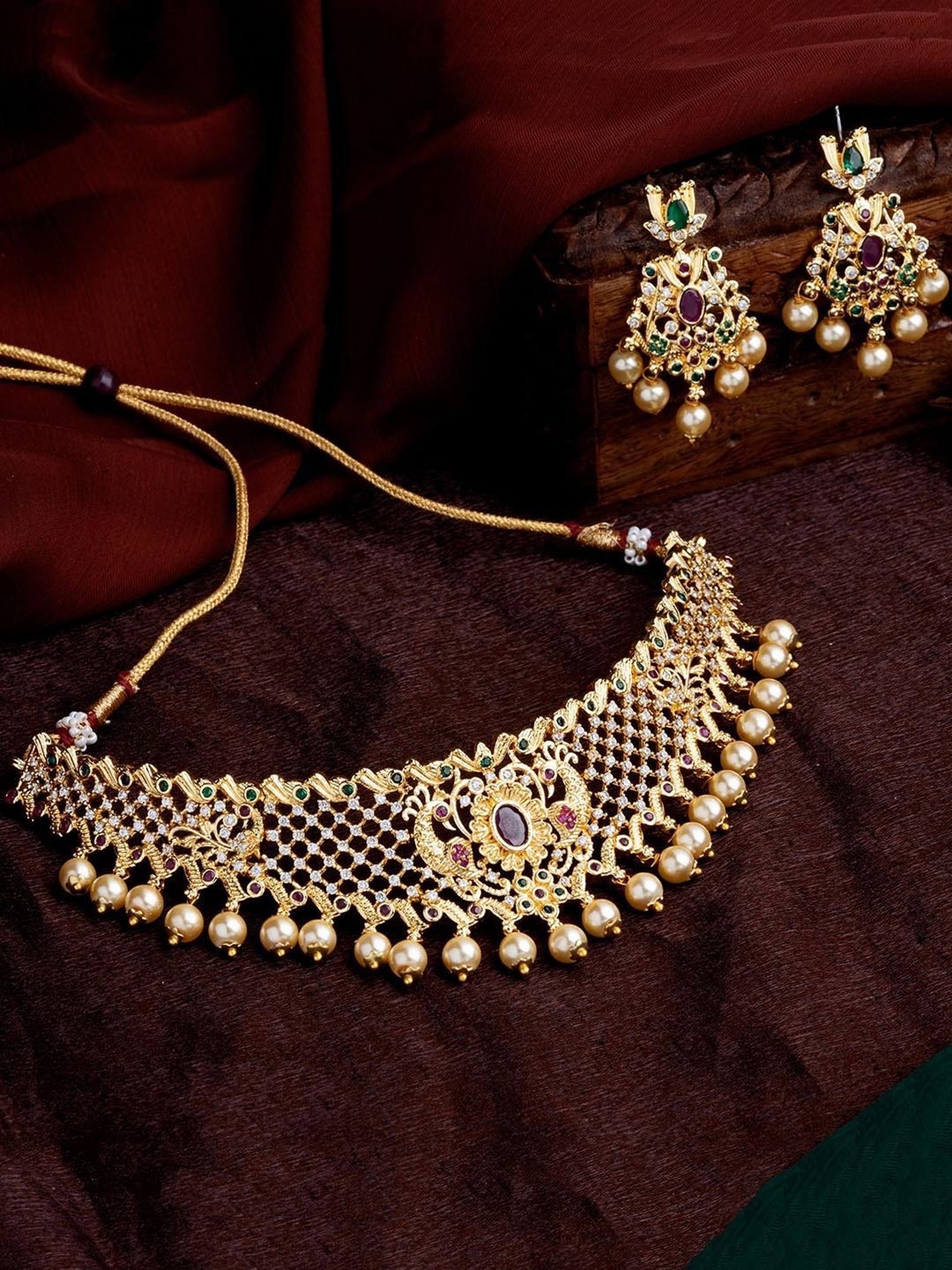 Estele Gold-Plated CZ Sleek Designer Bridal Choker Set with Pearls & Crystals for Women