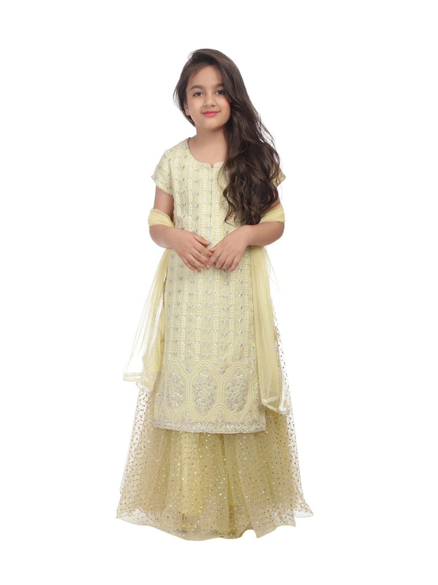 BIBA Girls Pista Green Embroidered Kurti & Skirt With Dupatta