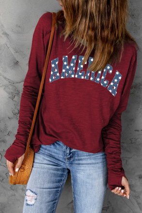 Red Starry America Print Thumbhole Long Sleeve Top