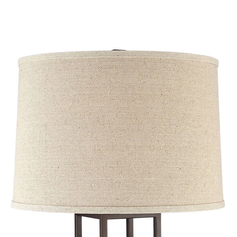 Franklin Iron Works Rustic Farmhouse Table Lamp with Nightlight LED Caged Brown Oatmeal Fabric Drum Shade for Living Room Bedroom