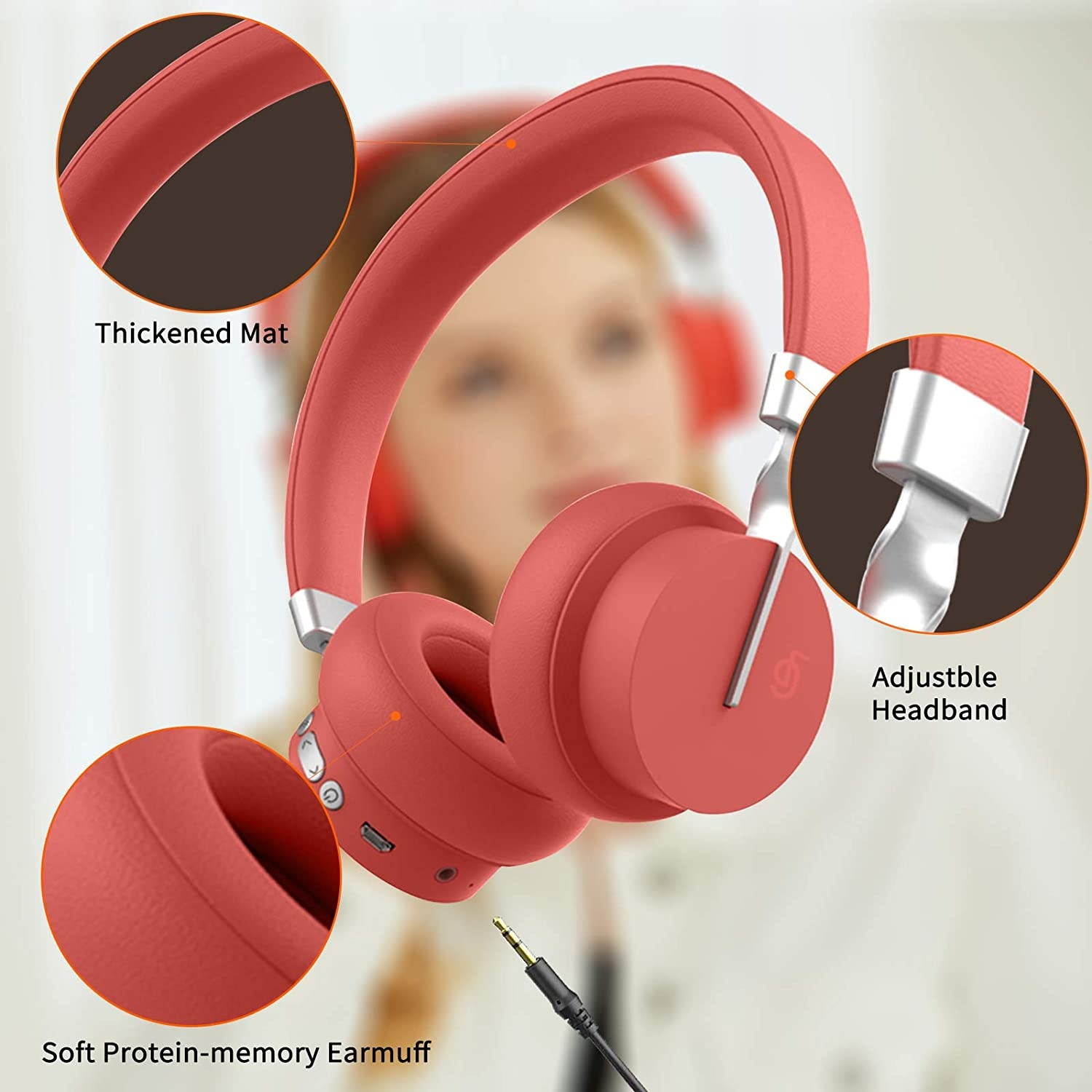 Fingertime P3 Wireless Headset On-Ear Headset 15H Playtime Hi-Fi Stereo Wireless Headsets Deep Bass Wired/Wireless Bluetooth Headphones Bluetooth 5.0 Wireless Headphones Built-in Mic (Red)