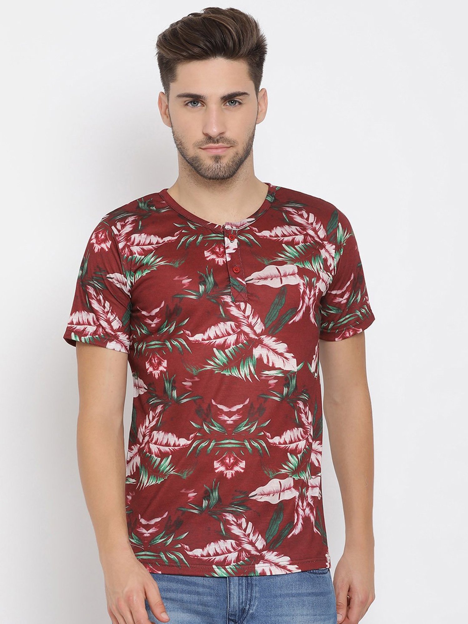 Hangup Plus Maroon Regular Fit Printed Henley T-Shirt