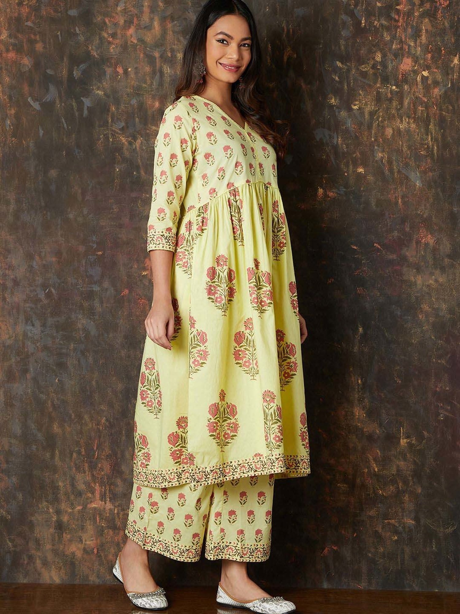Melange by Lifestyle Yellow Cotton Printed Kurta Palazzo Set
