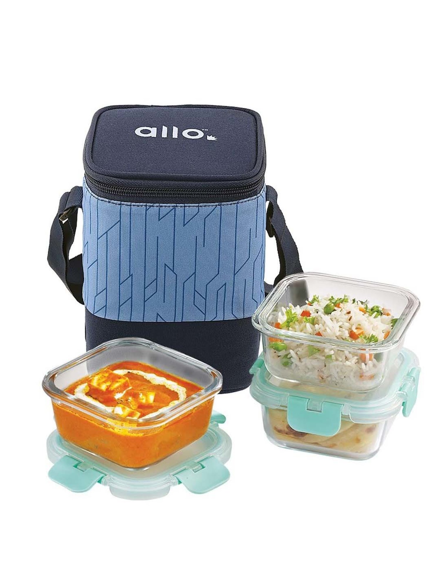 Allo Borosilicate Glass Lunch Box Microwave Oven Safe With Detachable Lock and Space Blue Tiffin Bag