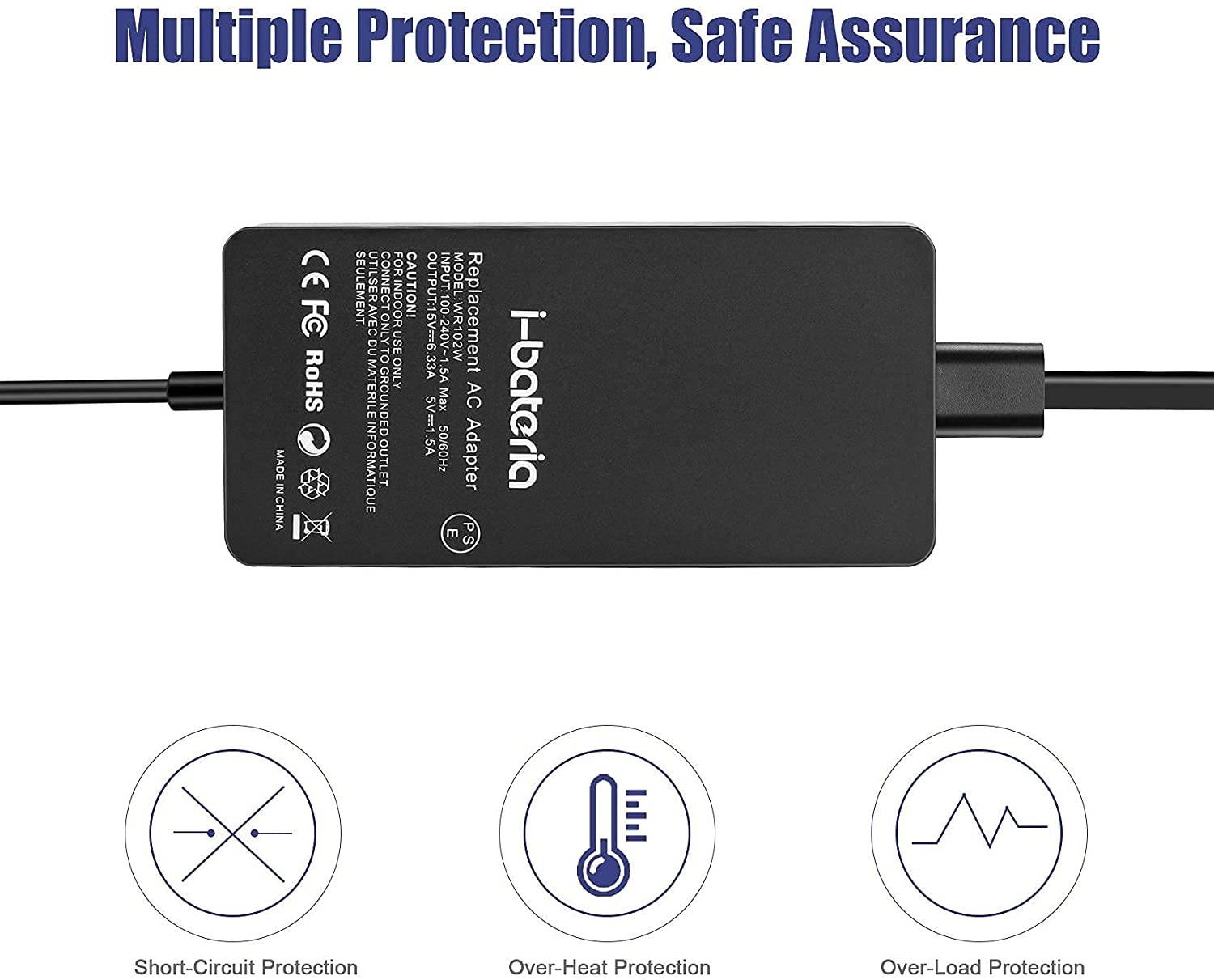 102W Surface Book 2 Charger, i-Bateria Power Supply Adapter Compatible with Surface Book/Book 2, Microsoft Surface Pro 7/6/ 5/4/ 3/ X, Surface Laptop 1/2/ 3, Surface Go/Go 2