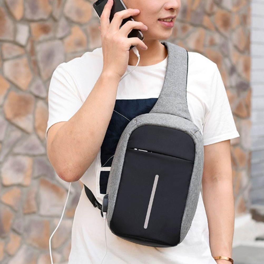 Men Messenger Bags Crossbody Slings Shoulder Chest Bags Anti-theft Strap Back Packs laday Casual External USB Charge Travel Bags (Light Gray)