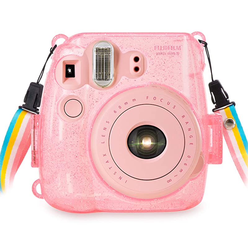 Crystal Camera Case w Adjustable Rainbow Shoulder Strap Compatible For Fugifilm Instax Mini 8Mini 8+Mini 9 Instant Camera Pink Crystal