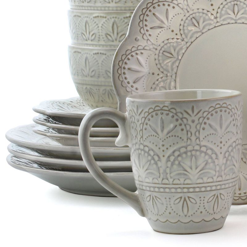 16pc Stoneware Rustic Eyelet Dinnerware Set White - Elama