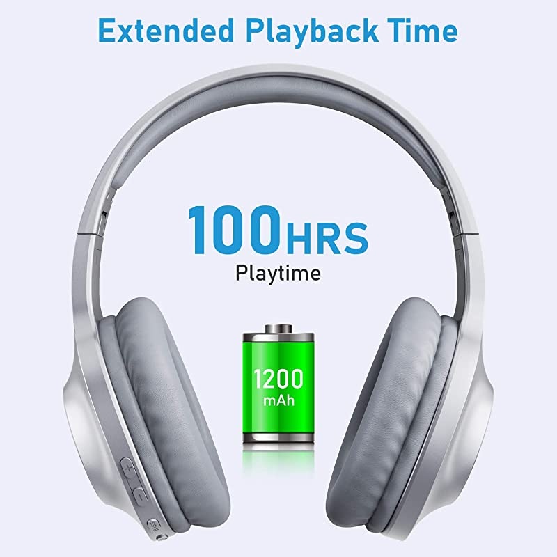 Bluetooth Headphones, 100 Hours Playtime Bluetooth 5.0 Headphones Over Ear with Deep Bass, Hi-Fi Sound and Soft Earpads, Built-in Mic, Wired/Wireless Headset for Home Office-Silver