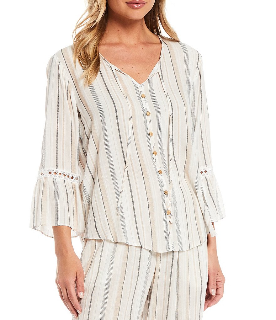 I.N. Studio Stripe Print Tie Notch Neck Crochet Inset Details 3/4 Bell Sleeve Button Front Peasant Coordinating Top
