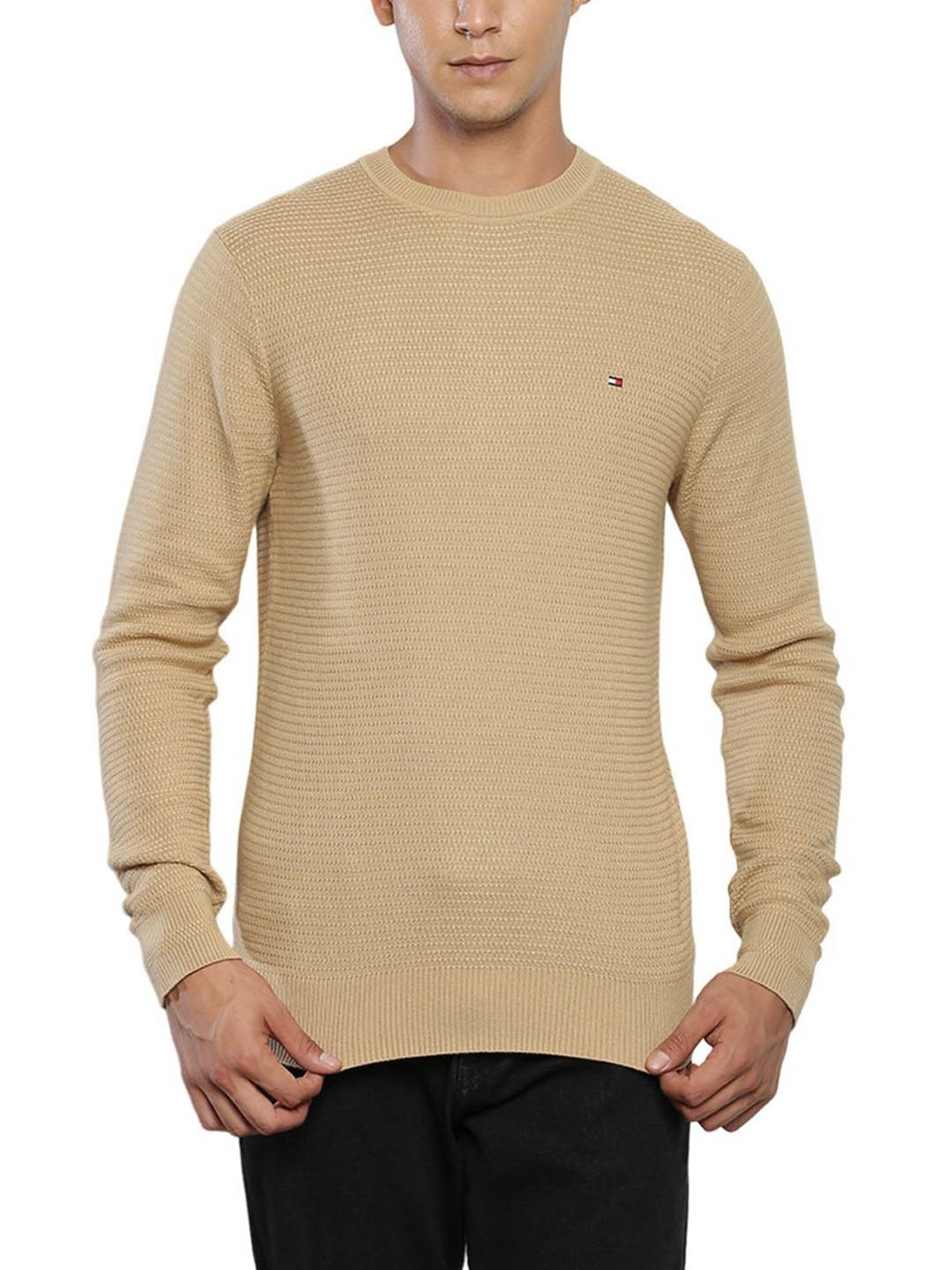 Tommy Hilfiger Beige Cotton Regular Fit Self Pattern Sweater