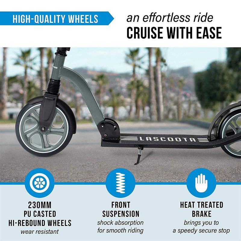 LaScoota Premium Adult Teen Adjustable Portable Folding Kick Scooter with Wide Non Slip Deck and Carry Strap for Age 20 Year and Up, Gray