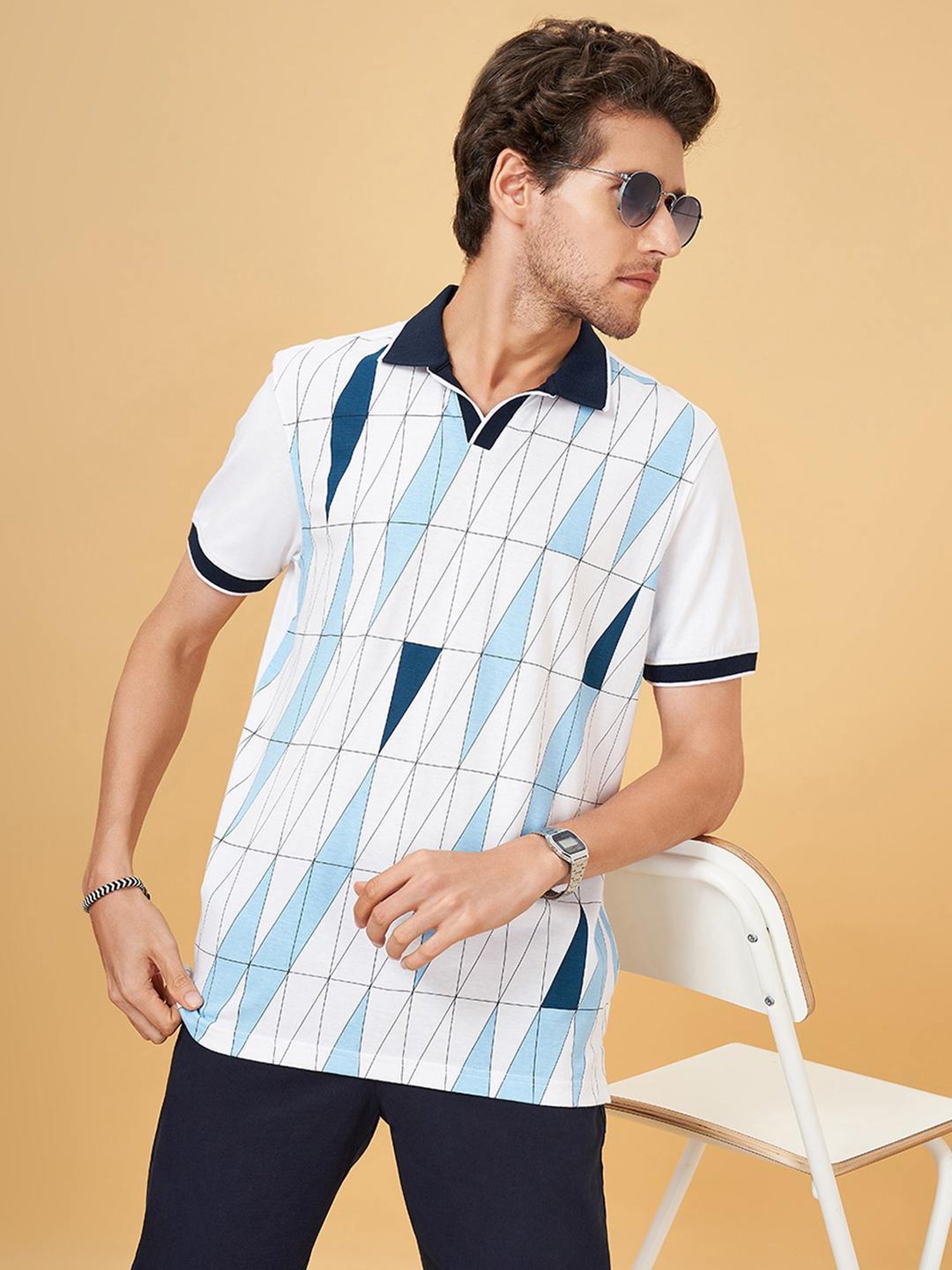 Byford By Pantaloons White Cotton Slim Fit Printed Polo T-Shirt