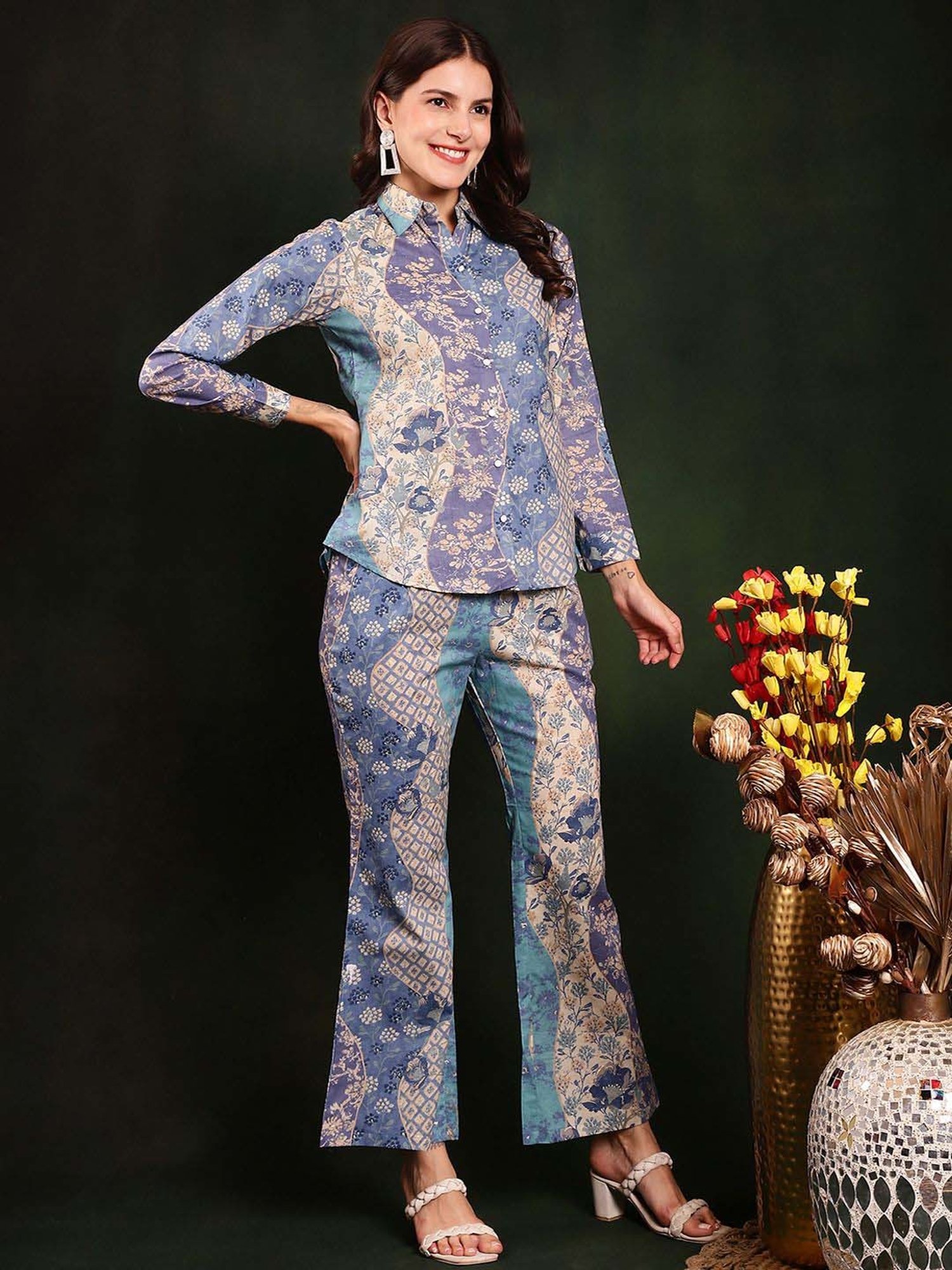 Claura Blue Cotton Printed Shirt Pant Set