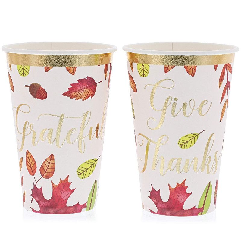 Sparkle and Bash 48 Pack Thanksgiving Disposable Party Paper Cups, Fall Leaf & Gold Foil Design