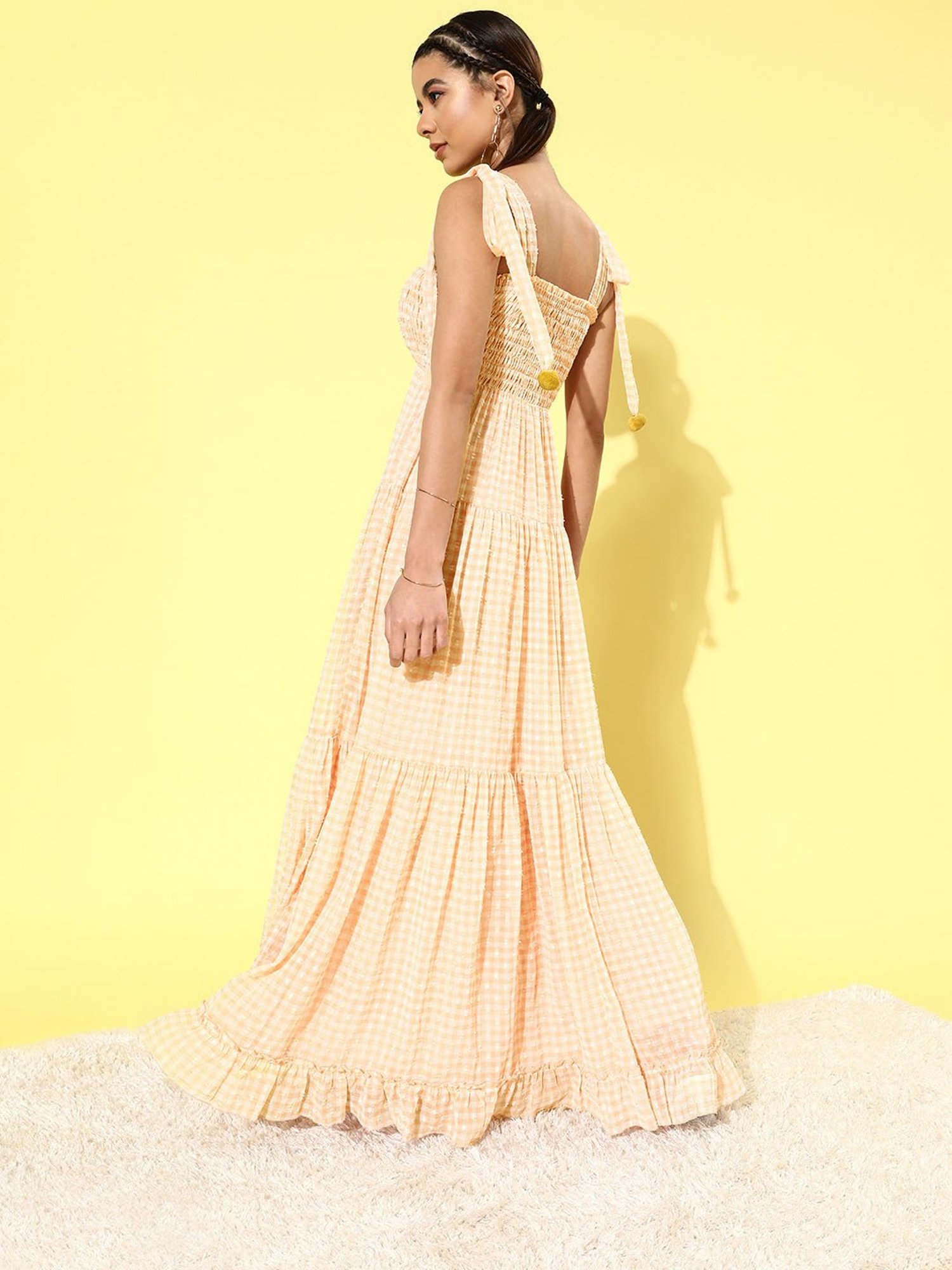 QUIERO Peach Checks Fit & Flare Dress