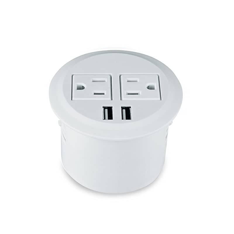 Desktop Power Grommet Power Outlet Socket Desk Data Center 2 Outlet with 2 USB Ports with 10 FT Extension CordWhite
