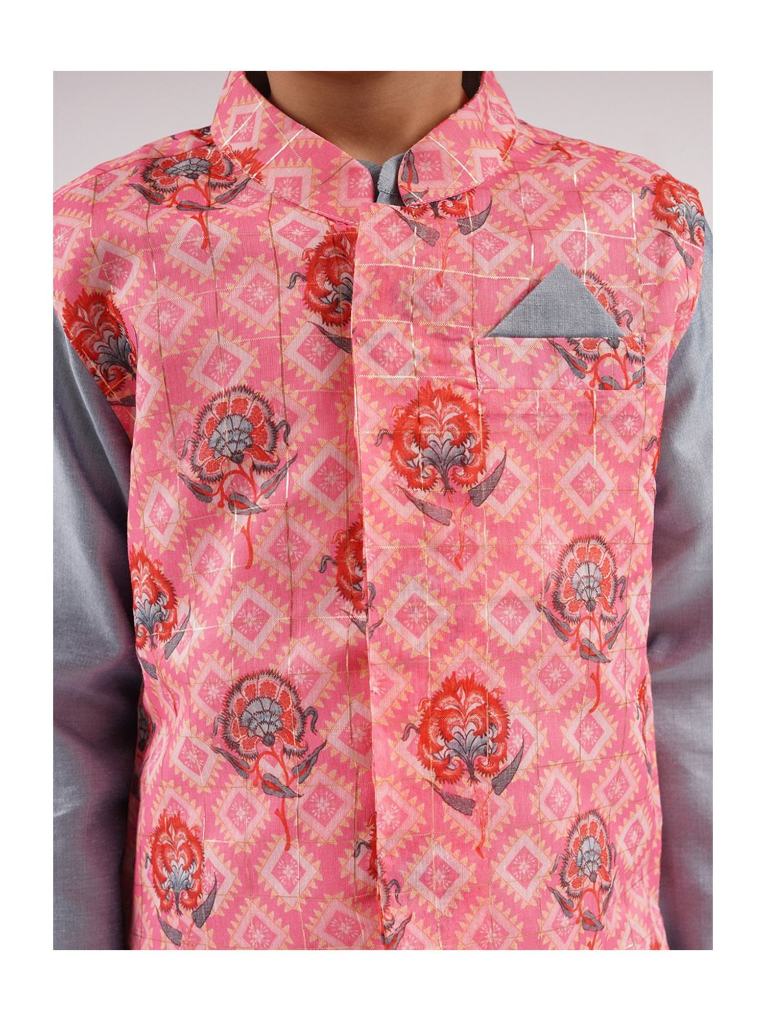 Lil Drama Kids Pink & Grey Floral Print Full Sleeves Kurta, Dhoti With Nehru Jacket