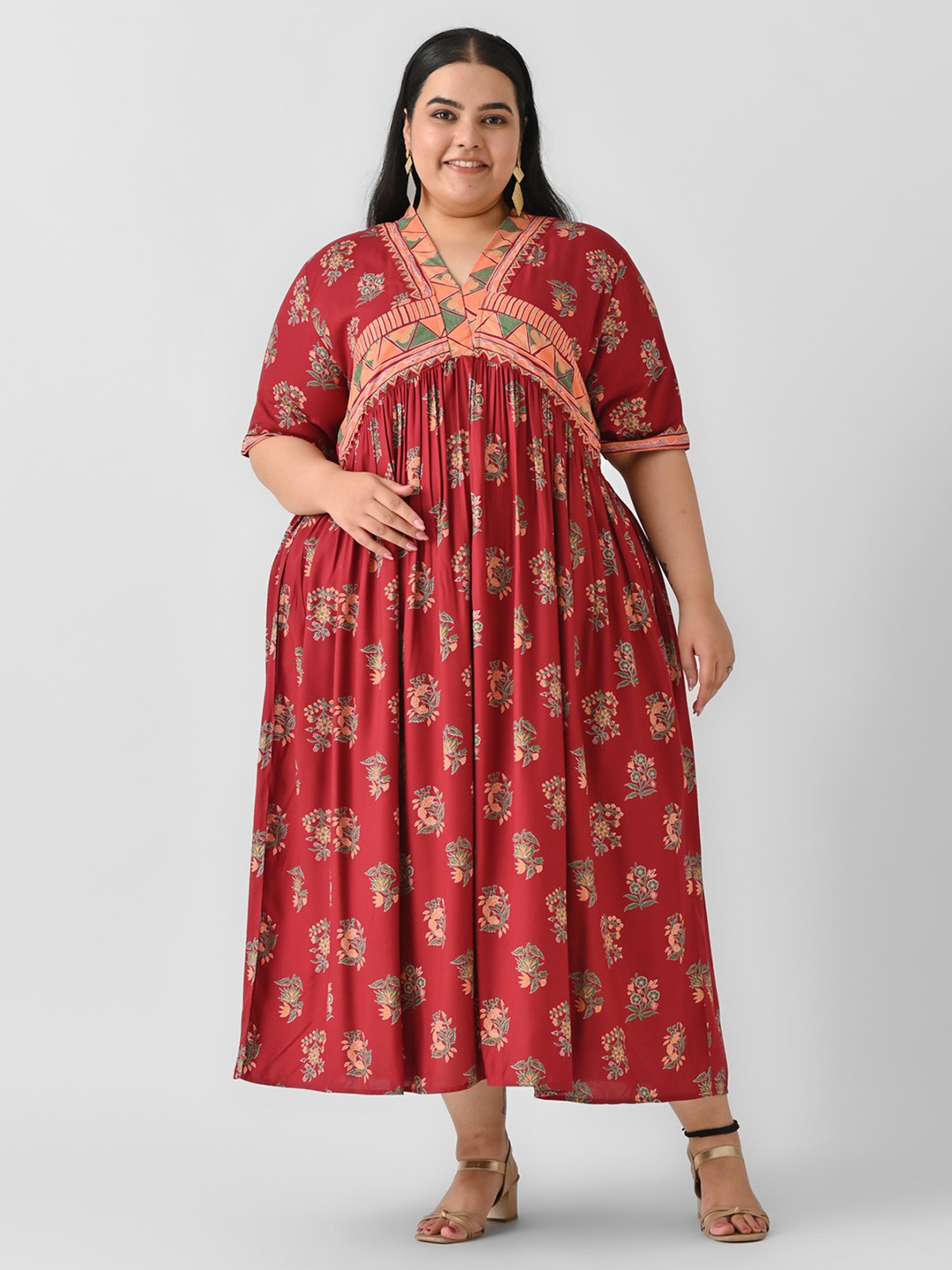 Rustorange Maroon Printed Ethnic Dress