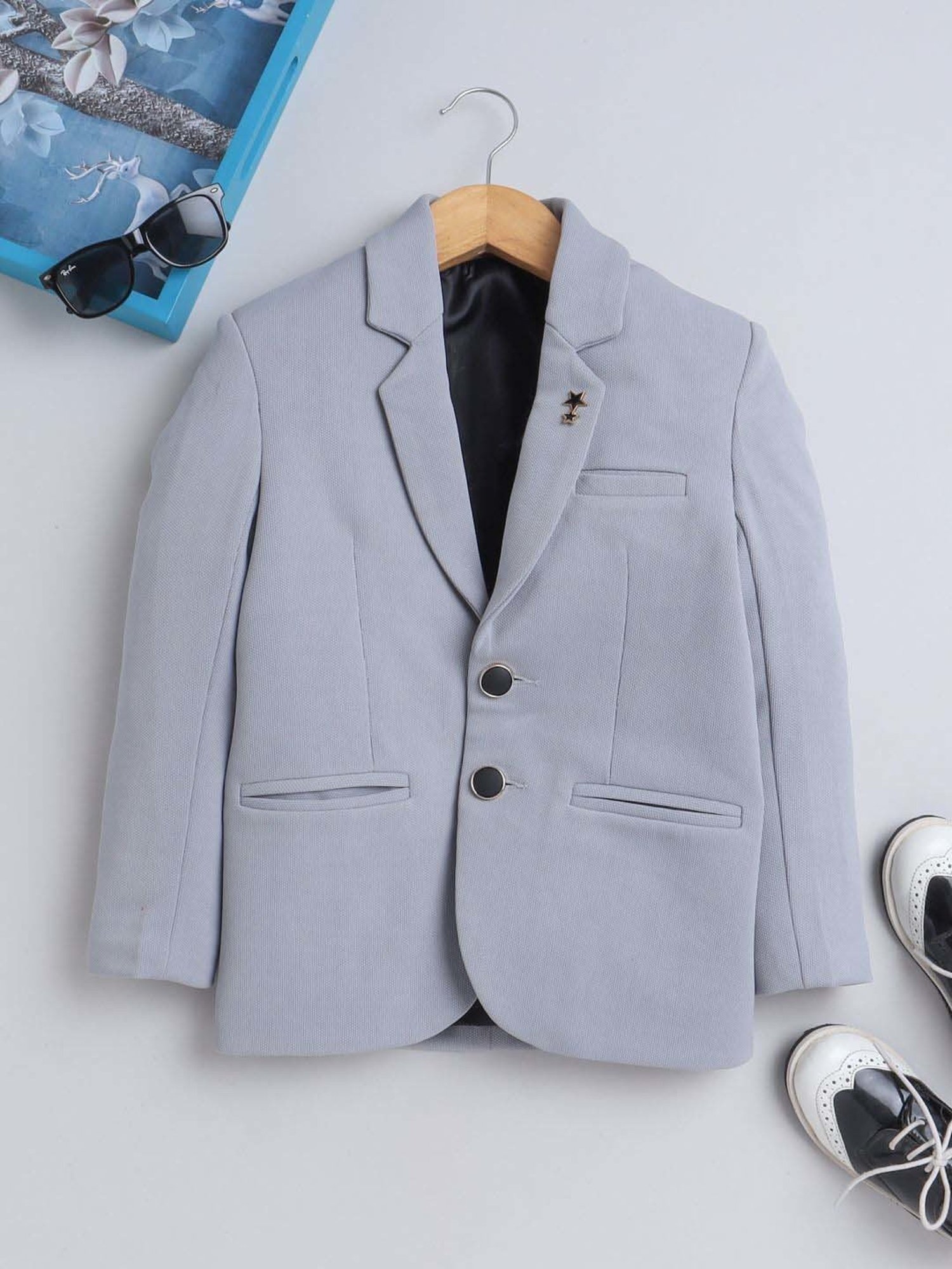 Fourfolds Boys Grey Solid Full Sleeves Blazer