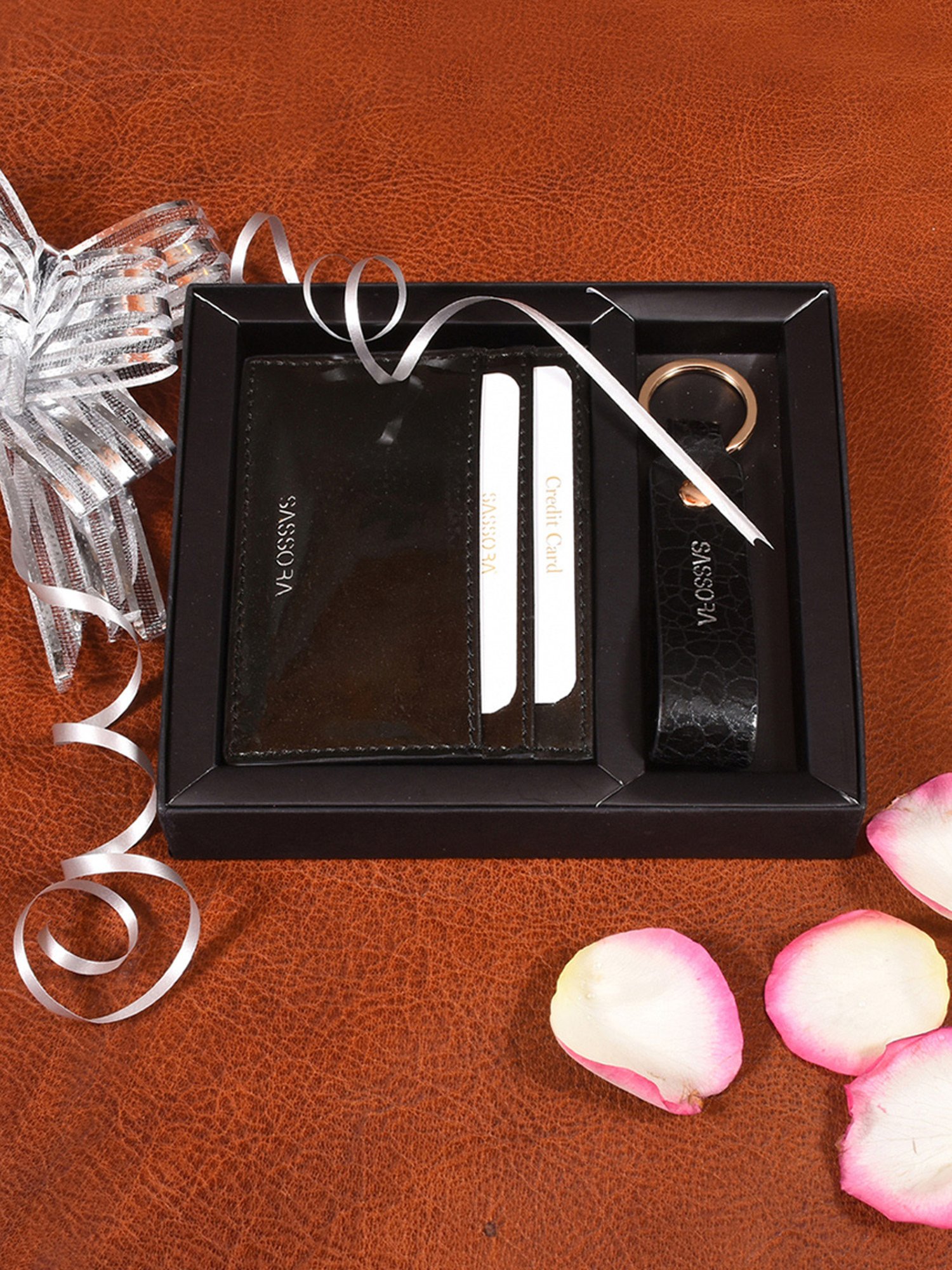 Sassora Black Small Leather Card Holder With Keychain Gift Set (Pack Of 2)