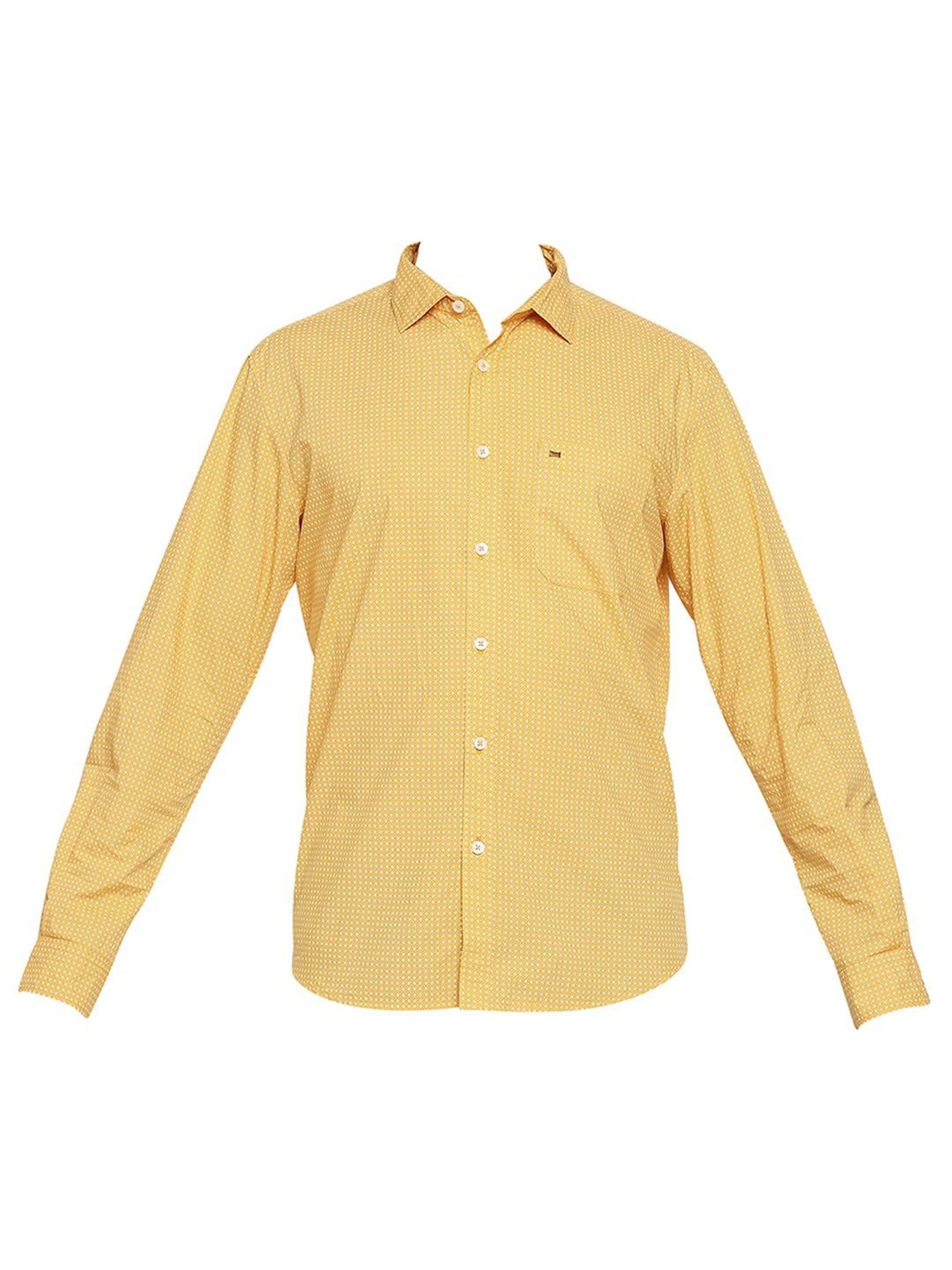 Basics Yellow Cotton Slim Fit Printed Shirt