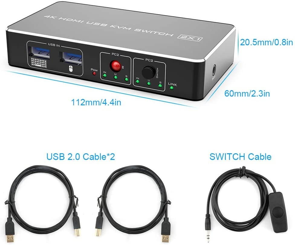 Eletrand HDMI KVM Switch 2 Port in 1 Port Out Sharing 2 Computers with One Keyboard Mouse Monitor HUD 4K (3840x2160) USB KVM Hotkey Metal Switch with USB Cable for Wireless Keyboard and Mouse