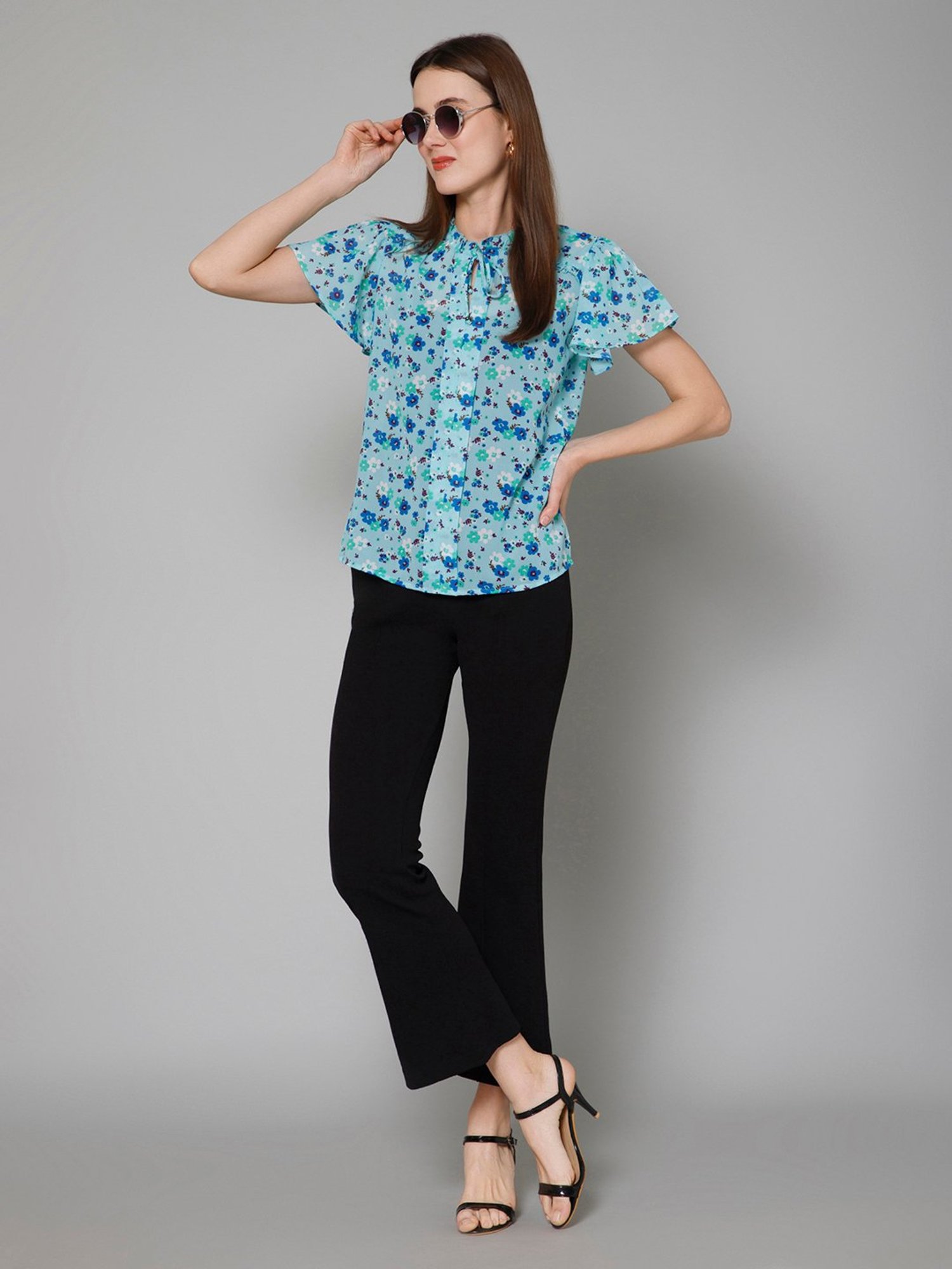 PURYS Blue Floral Print Top