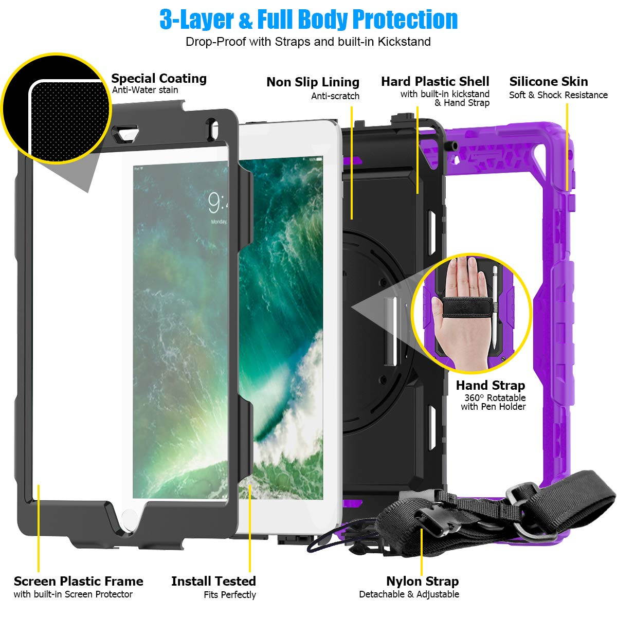 IPad 5th/6th Generation Case,Shockproof, Drop proof, 360 Degree Rotation Kickstand, Hand Strap,Shoulder Strip to Hang in Car Seat.Built-in Screen Protector for New iPad 9.7 2018/2017 Case