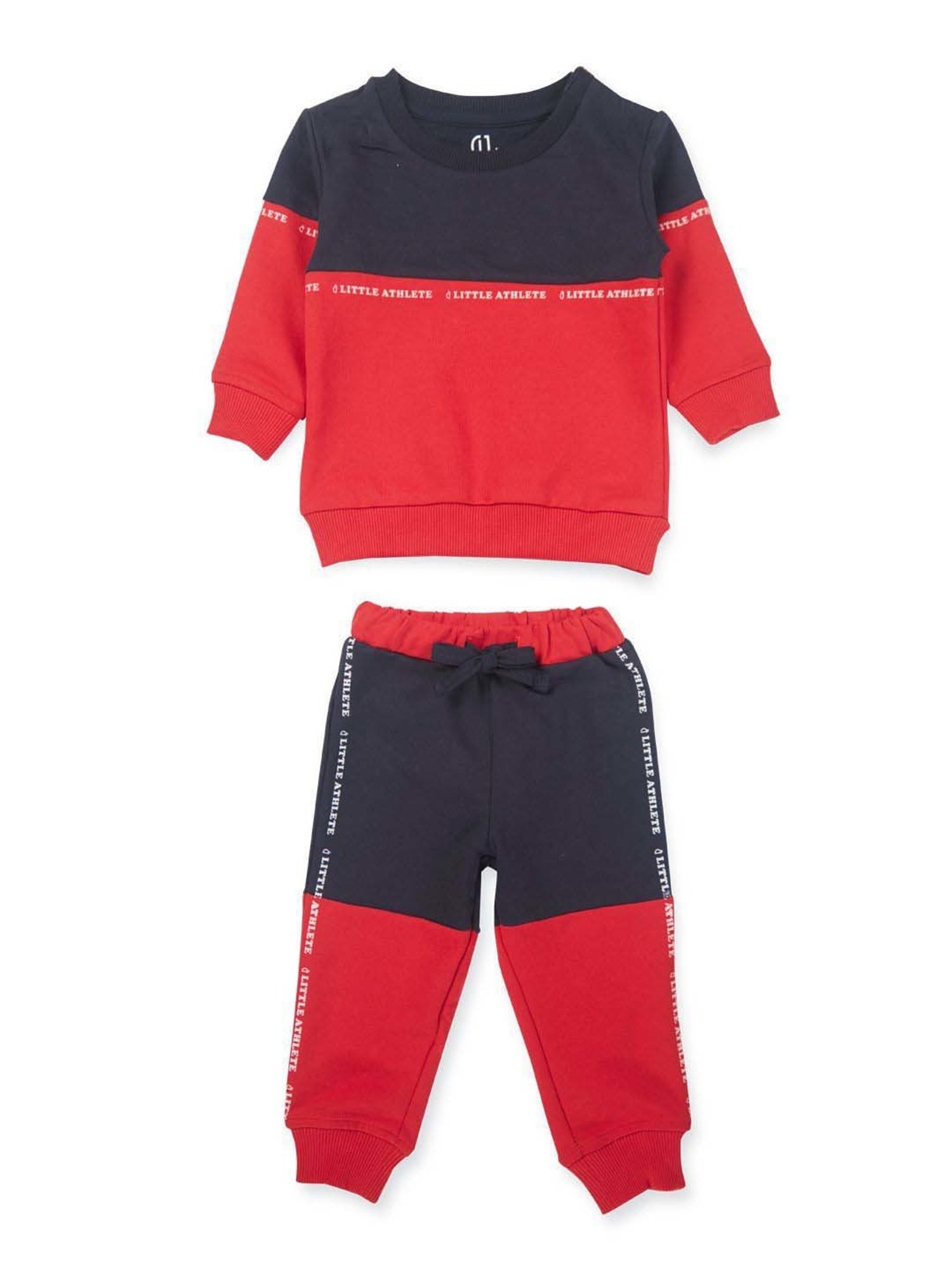 GJ baby Red & Navy Cotton Color Block Full Sleeves T-Shirt Set
