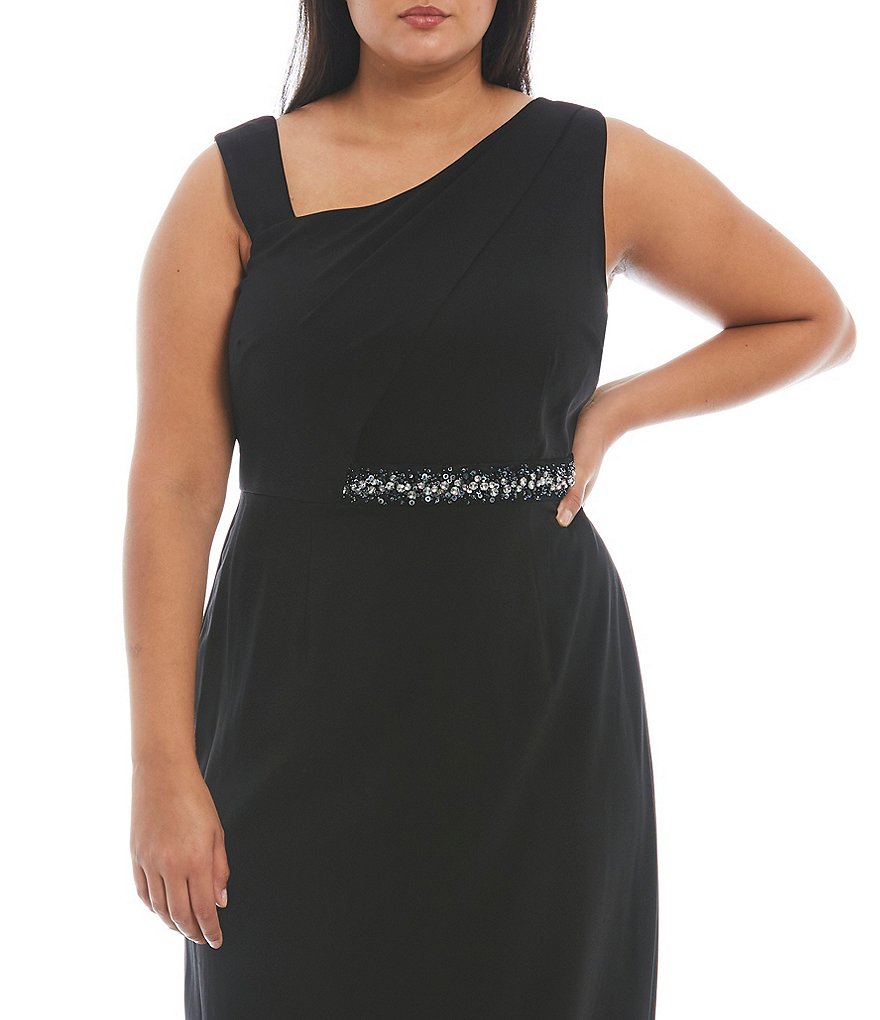 Adrianna Papell Plus Size Asymmetric One-Shoulder Neck Sleeveless Crepe Gown