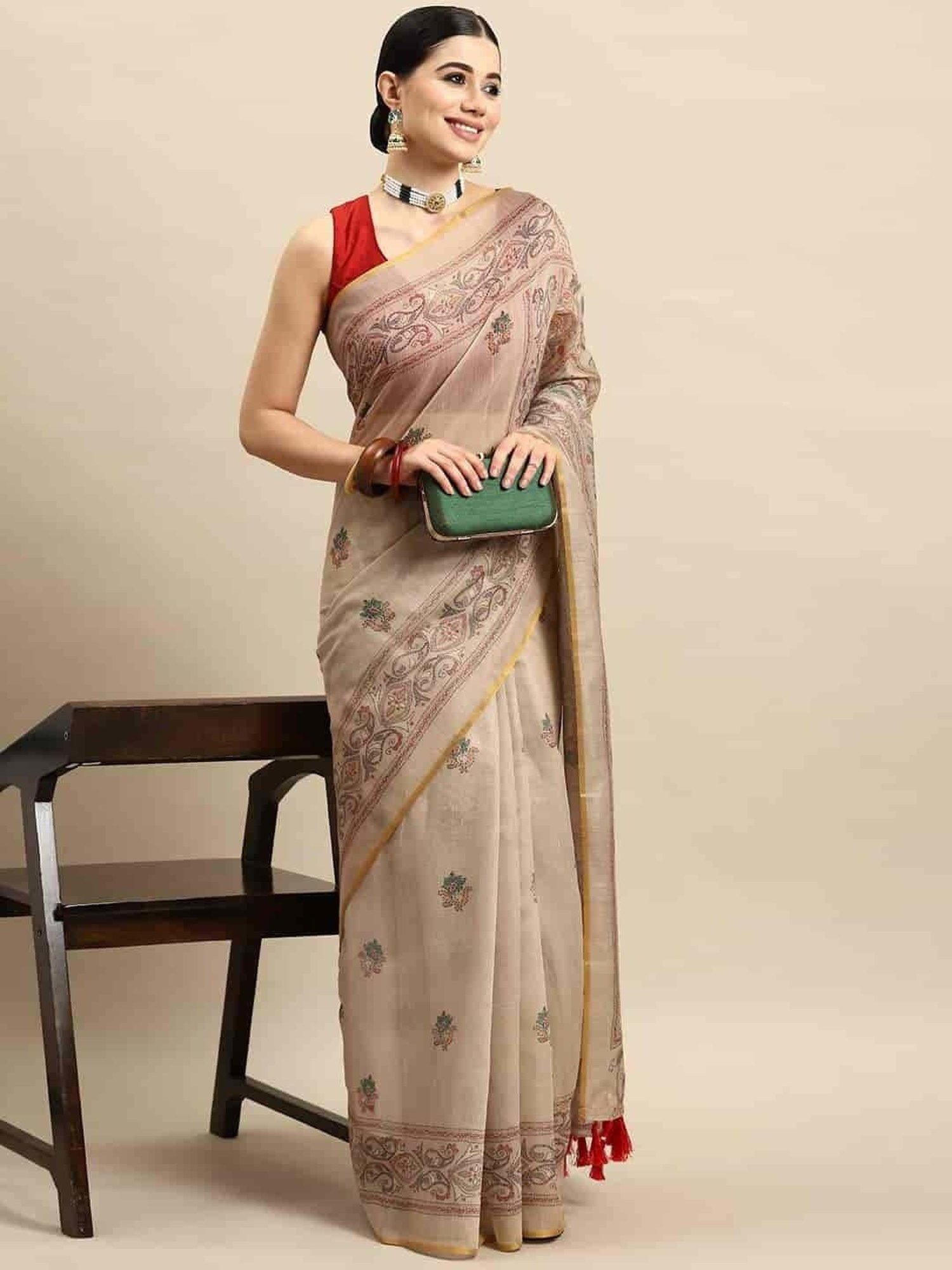Silk Land Beige Printed Saree With Unstitched Blouse