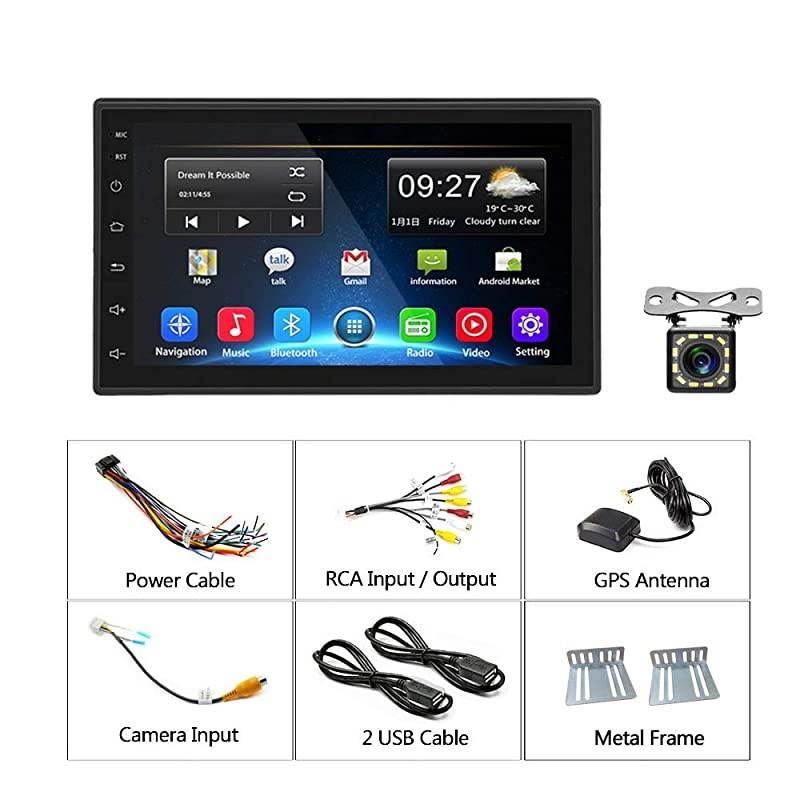 Din Android 9.1 Car Radio 7'' TFT Touch Screen GPS Navigation 1G+16G Indash Car Stereo Support Bluetooth FM WiFi Steering Wheel Control Dual USB + 12 LEDs Rear View Camera