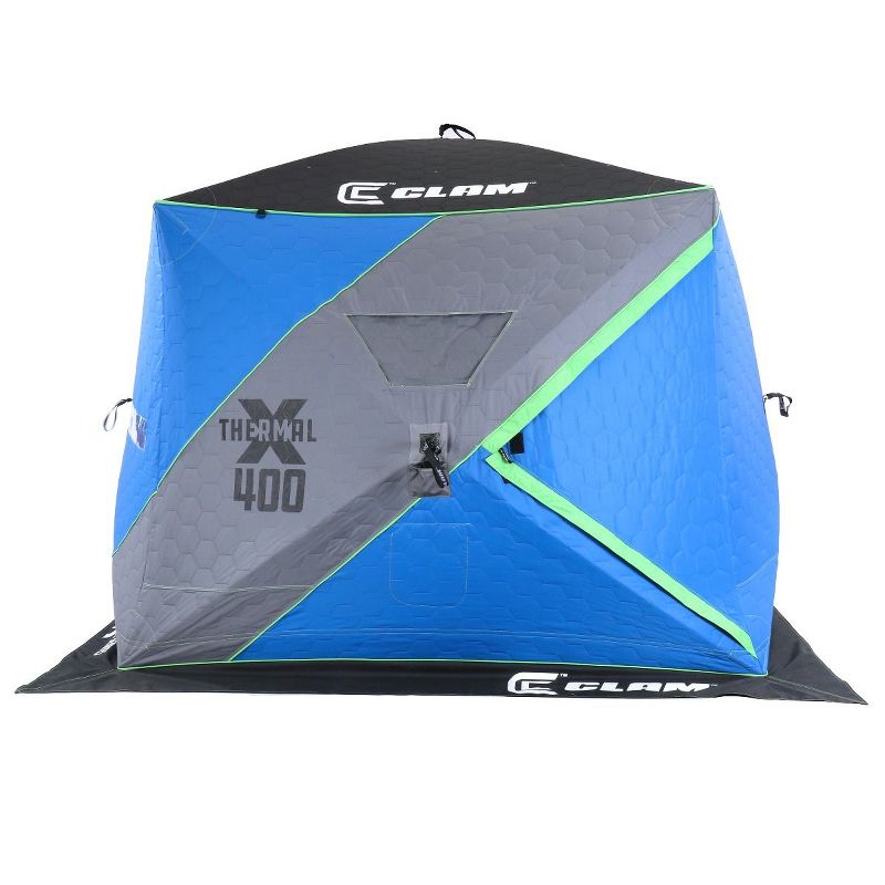 CLAM 14469 X400 Portable 4 to 6 Person 6.83 Foot Pop-Up Ice Fishing Angler Thermal Hub Shelter Tent with Anchors, Tie Ropes, and Carrying Bag