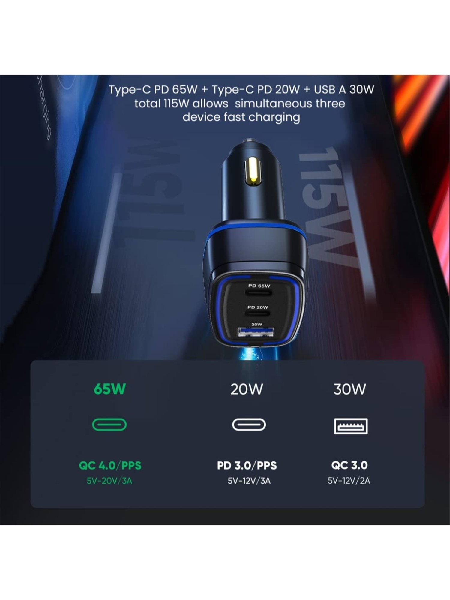 Stuffcool Ultimus 115 3 Port Car Charger 115W Output (Black)