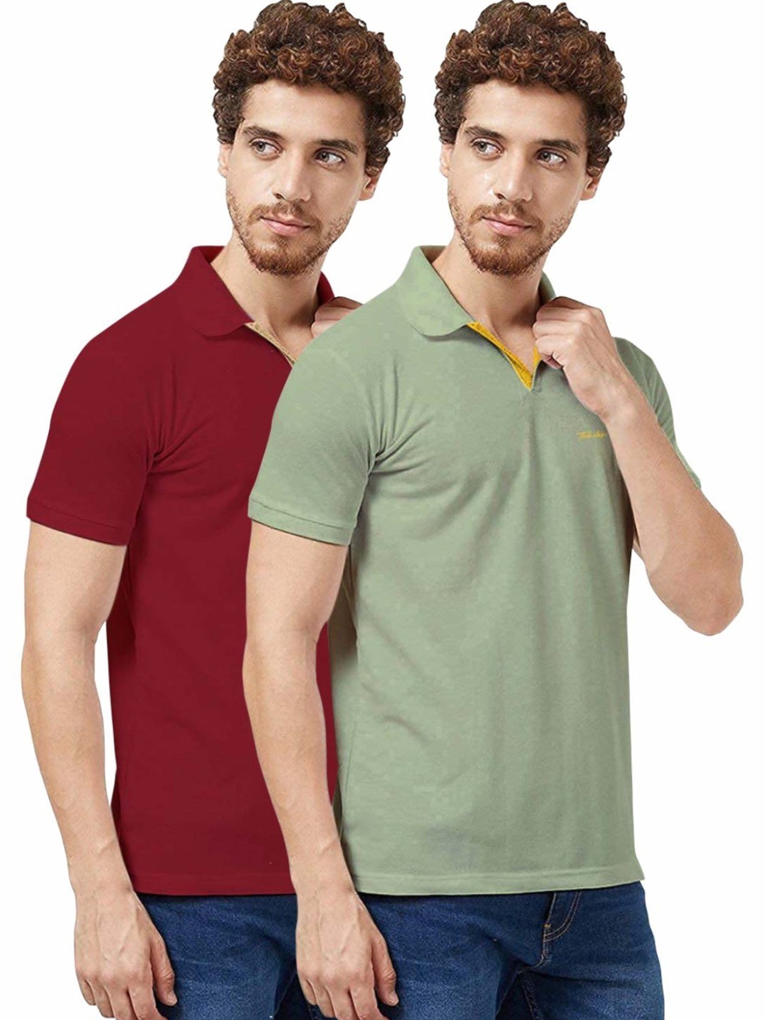 Tab91 Maroon & Sage Regular Fit Printed Polo T-Shirts