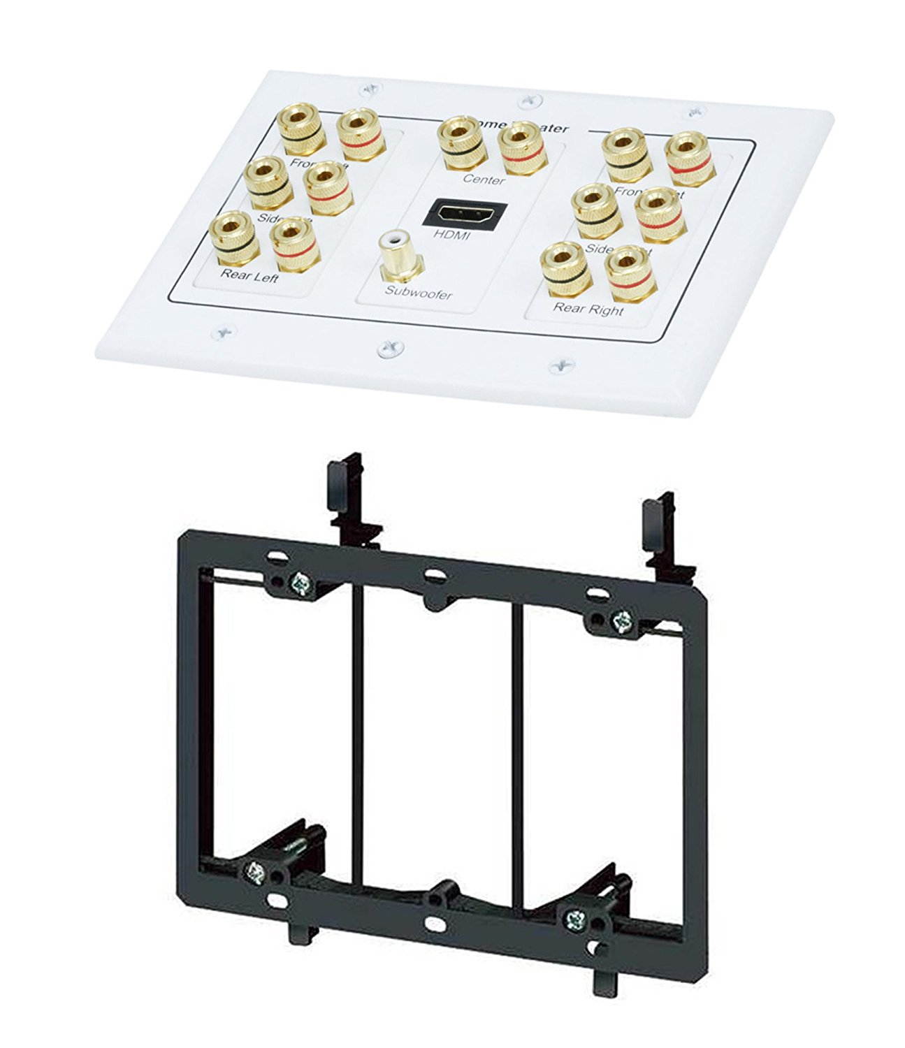 iMBAPrice Premium 3-Gang Home Theater 7.1 Surround Sound Distribution Wall Plate for 7 Speakers, 1 RCA Jack for Subwoofer & 1 HDMI Port with Ethernet + Mounting Bracket