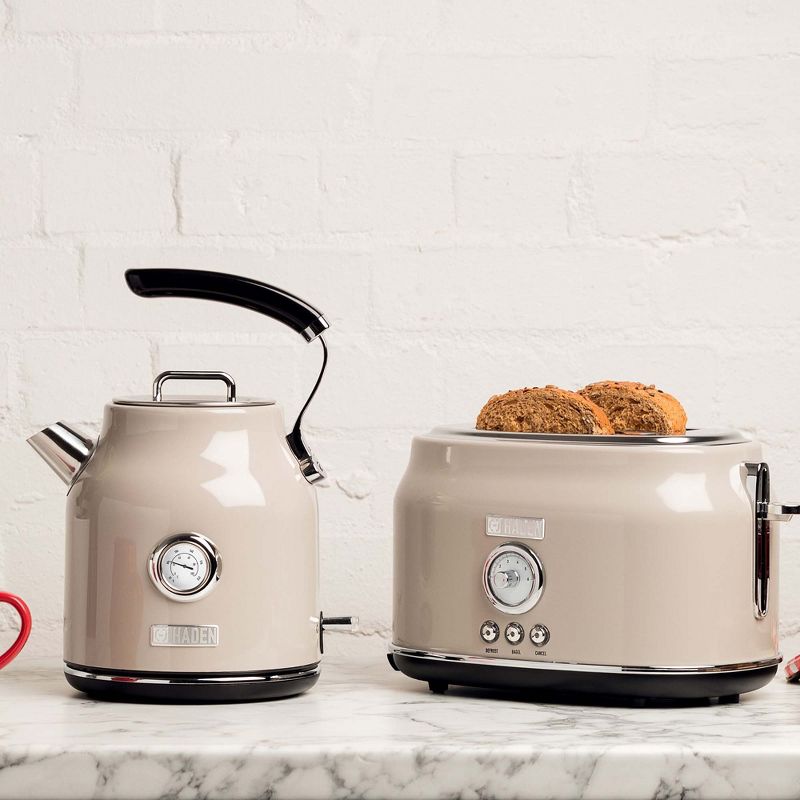 Haden Dorset Wide Slot Stainless Steel 2 Slice Retro Toaster & Dorset 1.7 Liter Stainless Steel Electric Water Kettle, Putty Beige