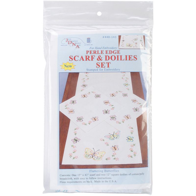 Jack Dempsey Stamped Dresser Scarf & Doilies Perle Edge-Fluttering Butterflies