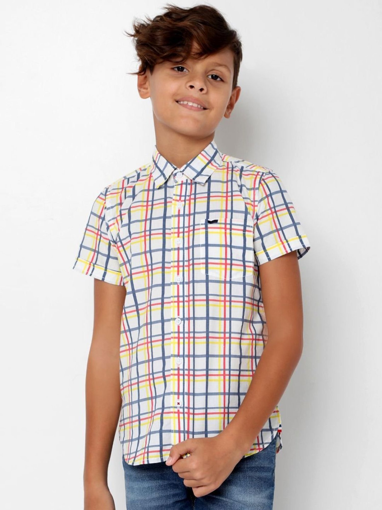 Gas Kids White & Red Cotton Chequered Shirt